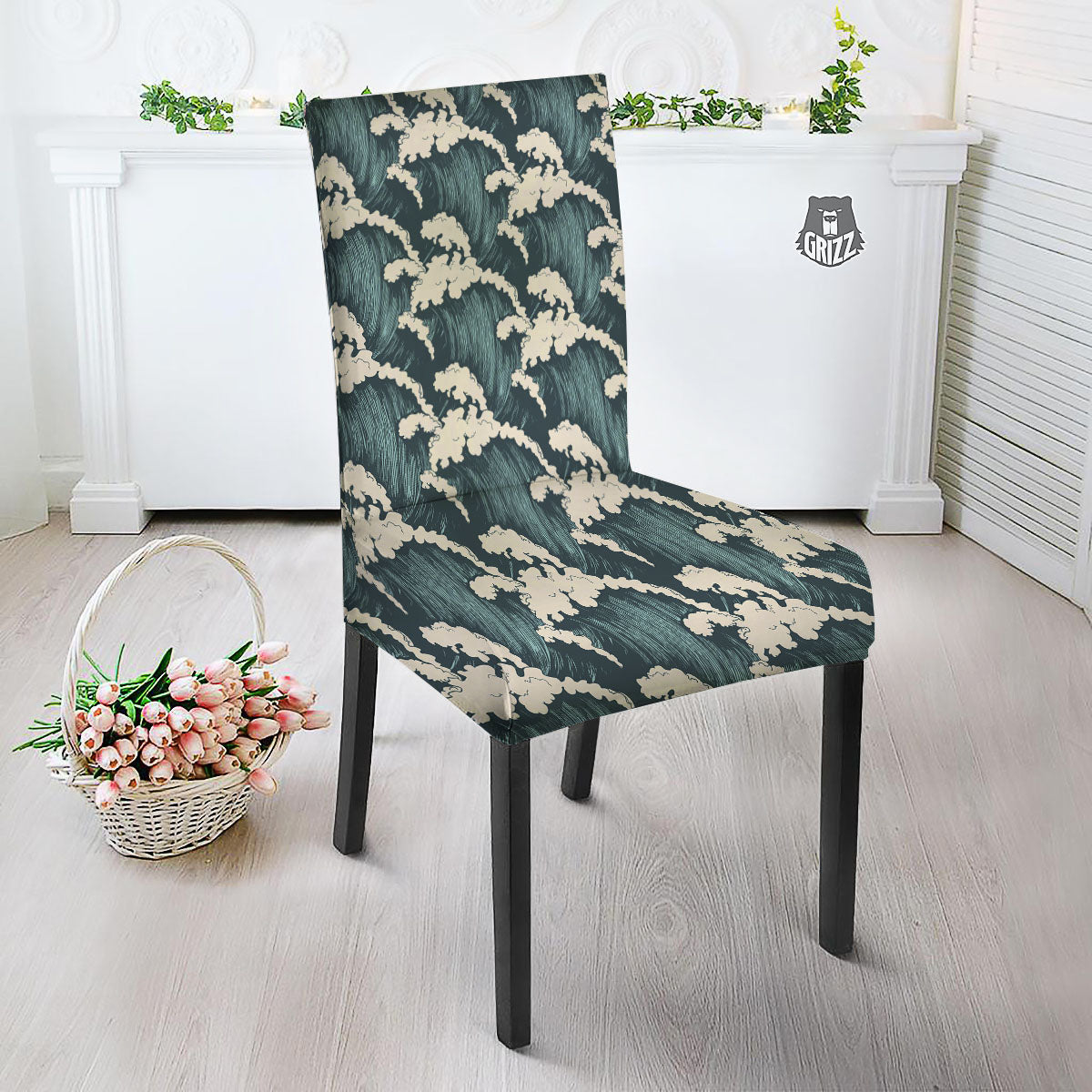 Wave Water Print Pattern Dining Chair Slipcover-grizzshop