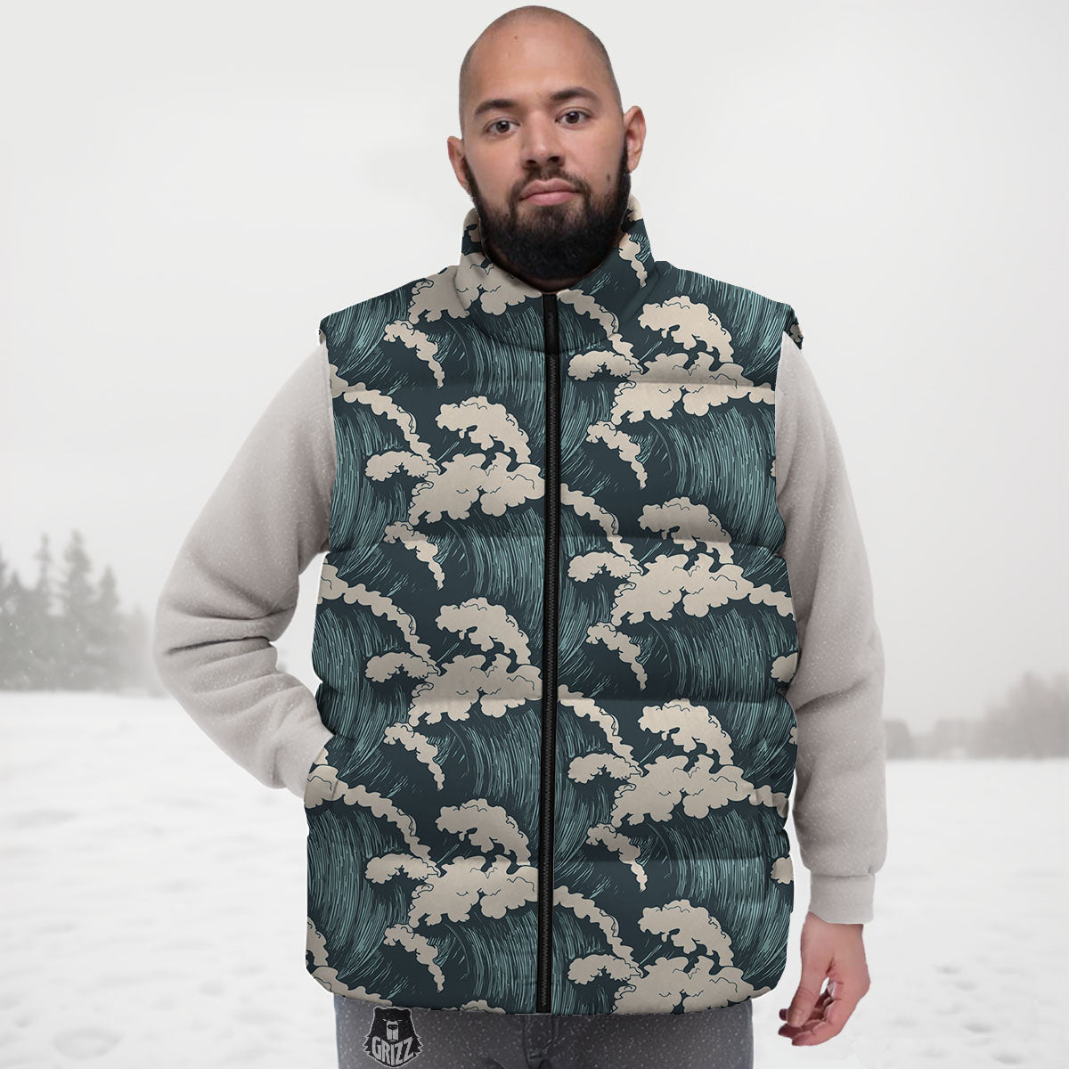 Wave Water Print Pattern Down Vest-grizzshop