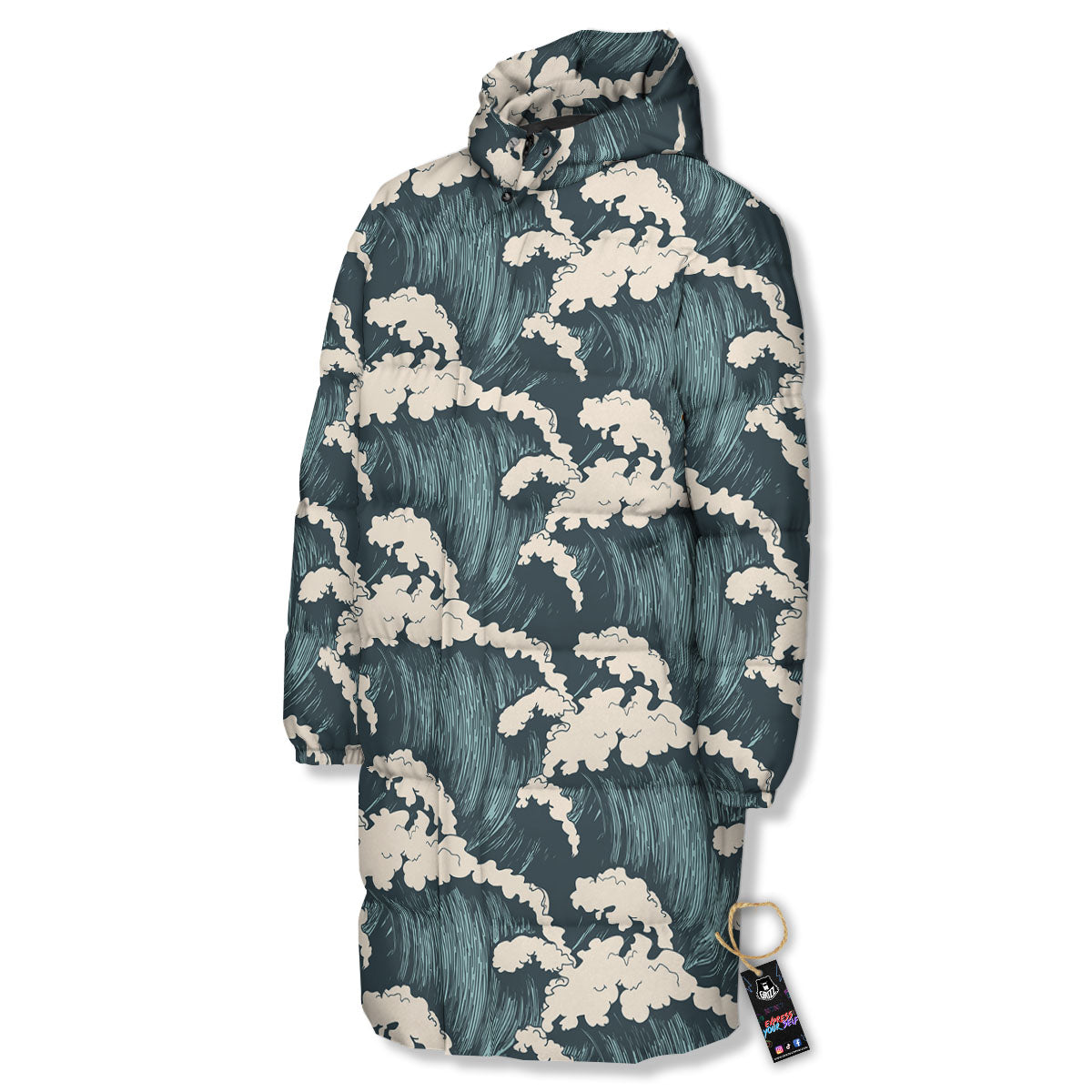 Wave Water Print Pattern Long Down Jacket-grizzshop