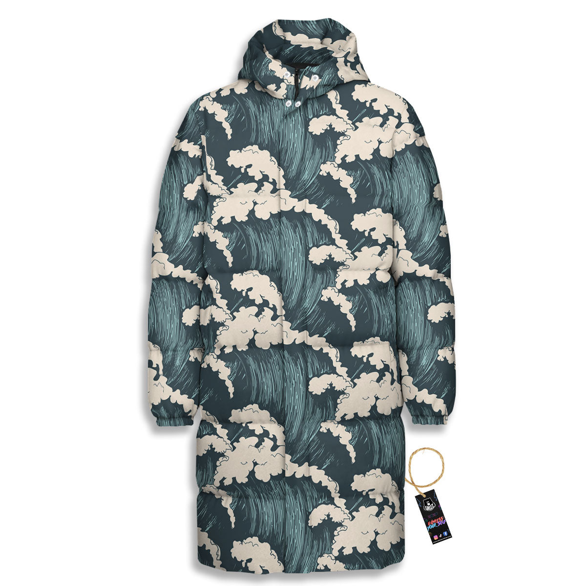 Wave Water Print Pattern Long Down Jacket-grizzshop