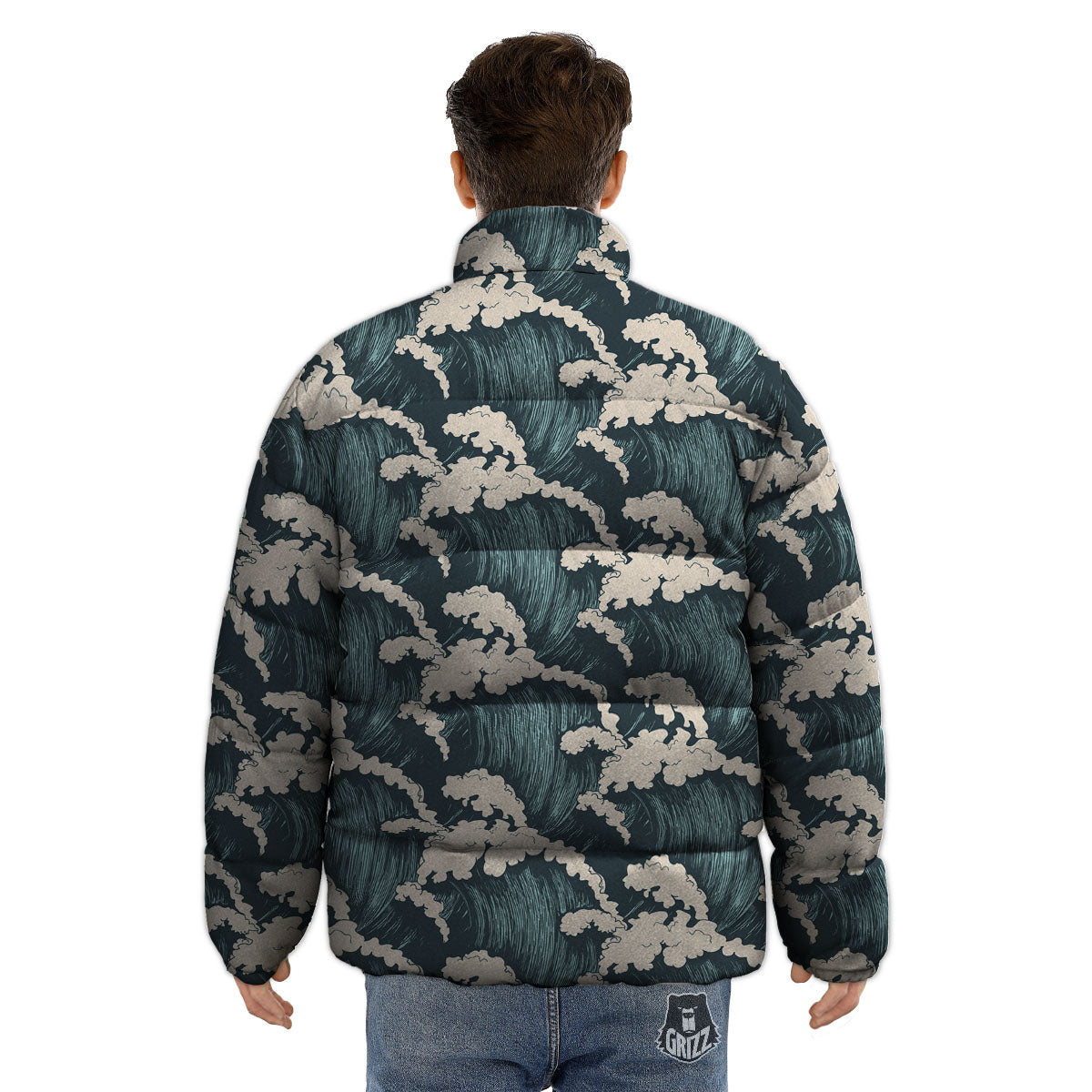 Wave Water Print Pattern Puffer Jacket-grizzshop