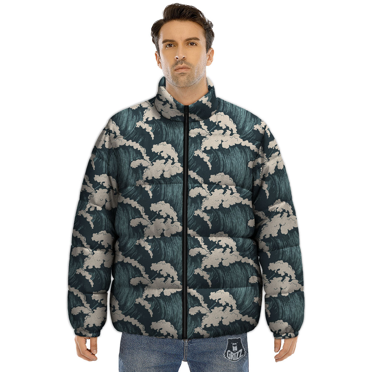 Wave Water Print Pattern Puffer Jacket-grizzshop