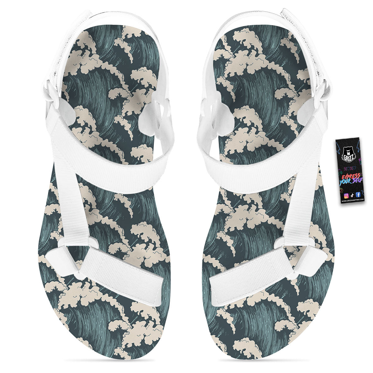 Wave Water Print Pattern White Open Toe Sandals-grizzshop