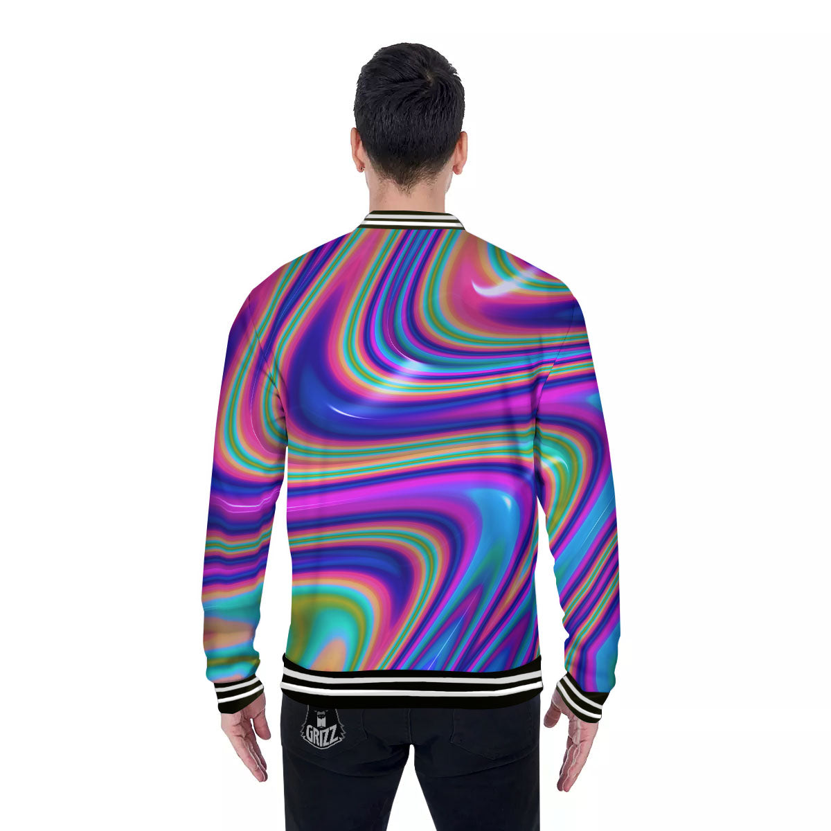 Waves Holographic Print Baseball Jacket-grizzshop