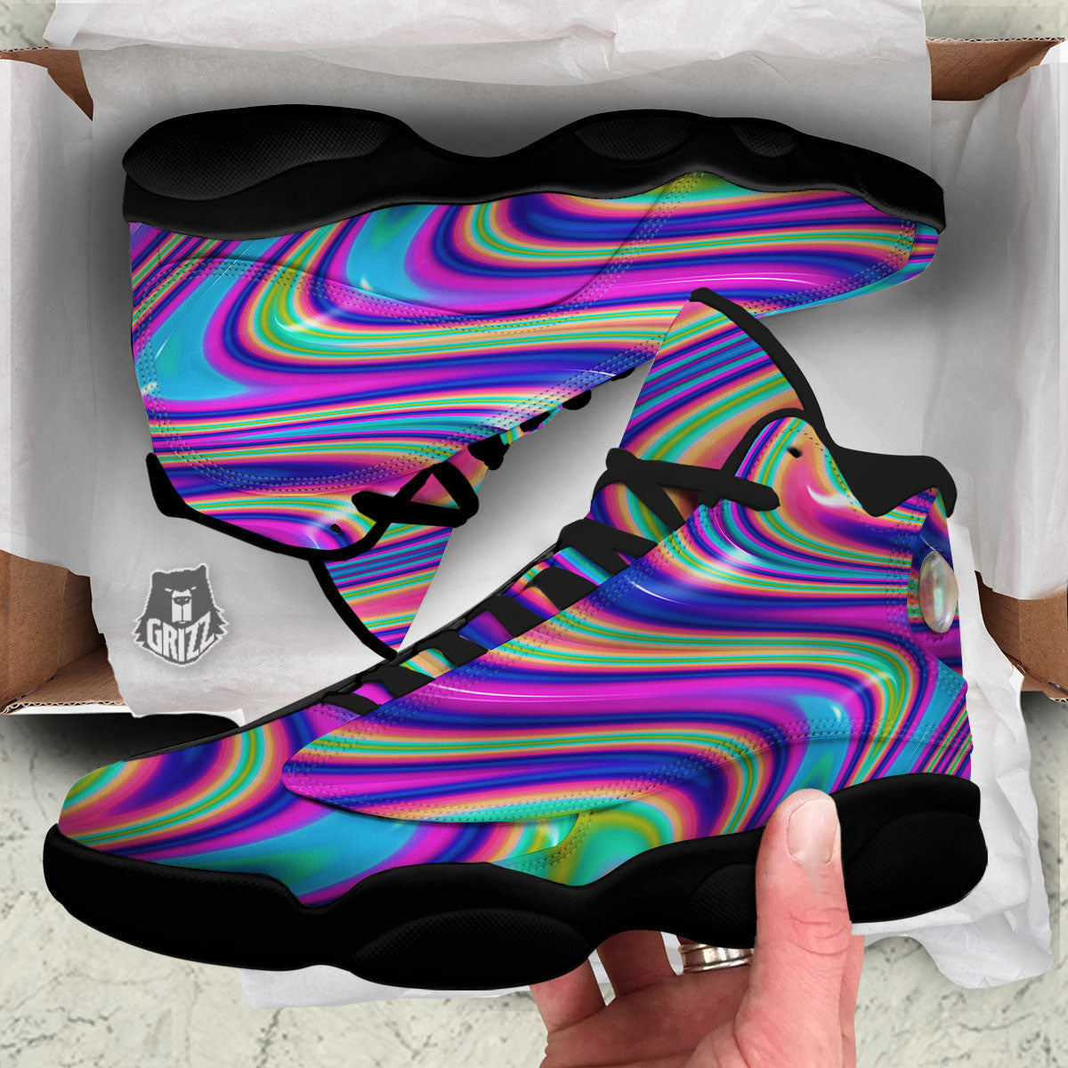 Waves Holographic Print Black Basketball Shoes-grizzshop
