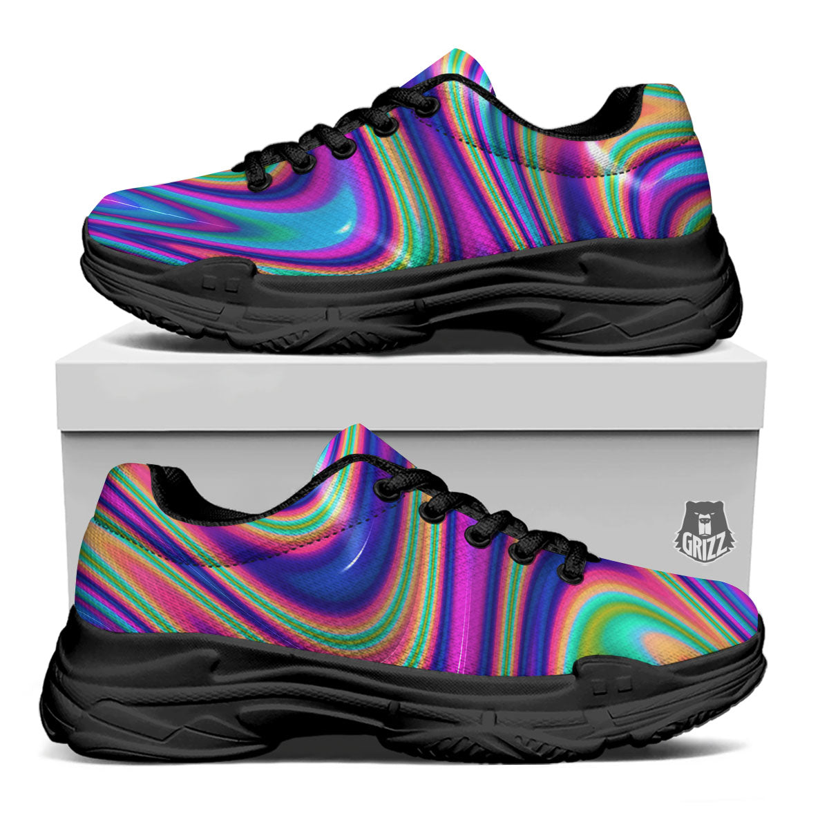 Waves Holographic Print Black Chunky Shoes-grizzshop