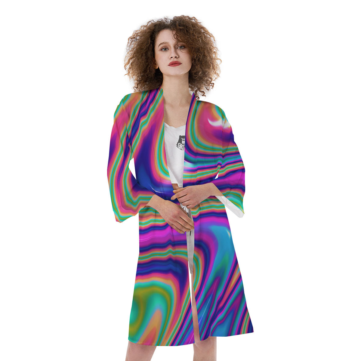 Waves Holographic Print Kimono-grizzshop