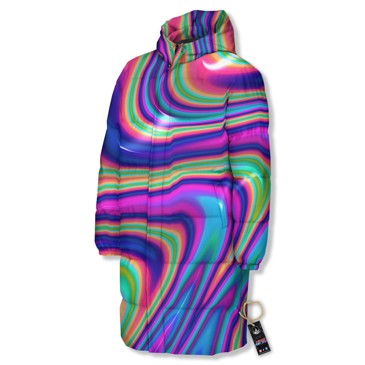 Waves Holographic Print Long Down Jacket-grizzshop