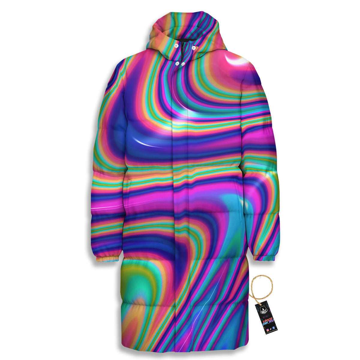 Waves Holographic Print Long Down Jacket-grizzshop
