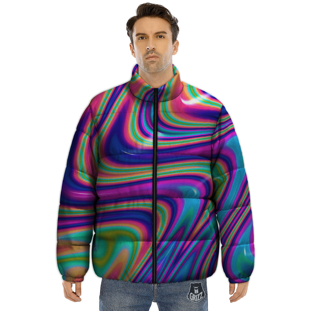 Waves Holographic Print Puffer Jacket-grizzshop