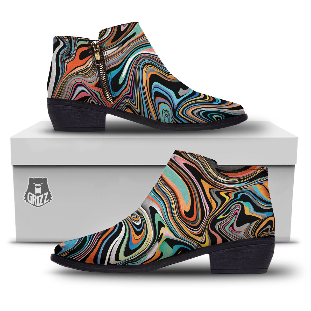 Wavy Psychedelic Print Pattern Ankle Boots-grizzshop