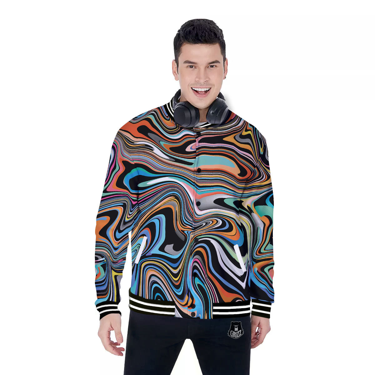Wavy Psychedelic Print Pattern Baseball Jacket-grizzshop