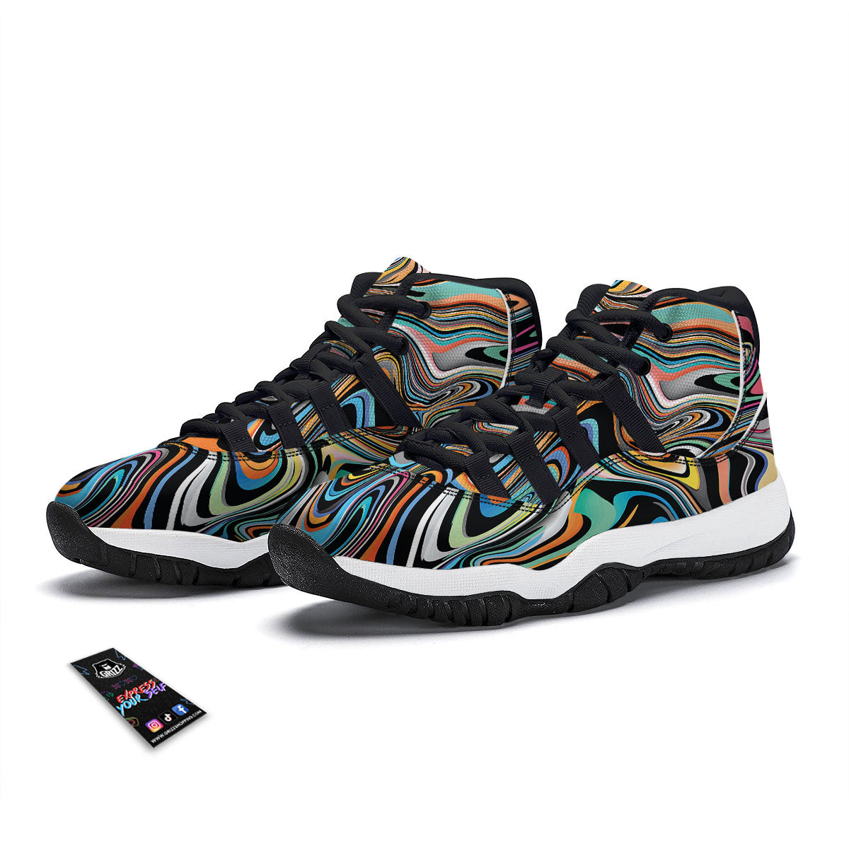 Wavy Psychedelic Print Pattern Black Bball Shoes-grizzshop