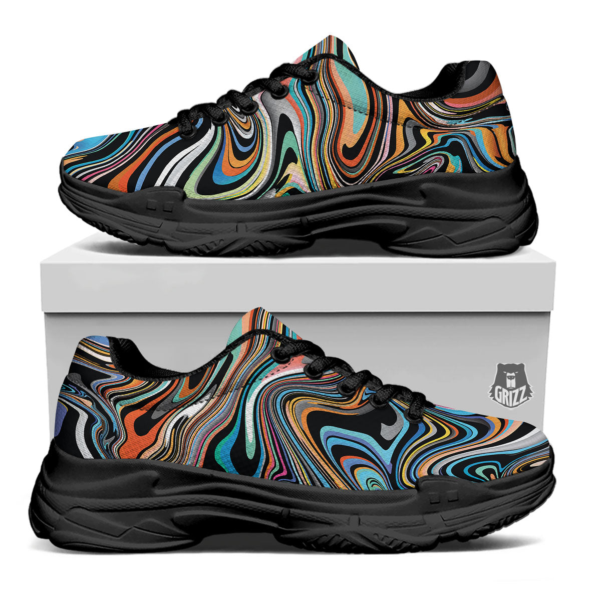 Wavy Psychedelic Print Pattern Black Chunky Shoes-grizzshop