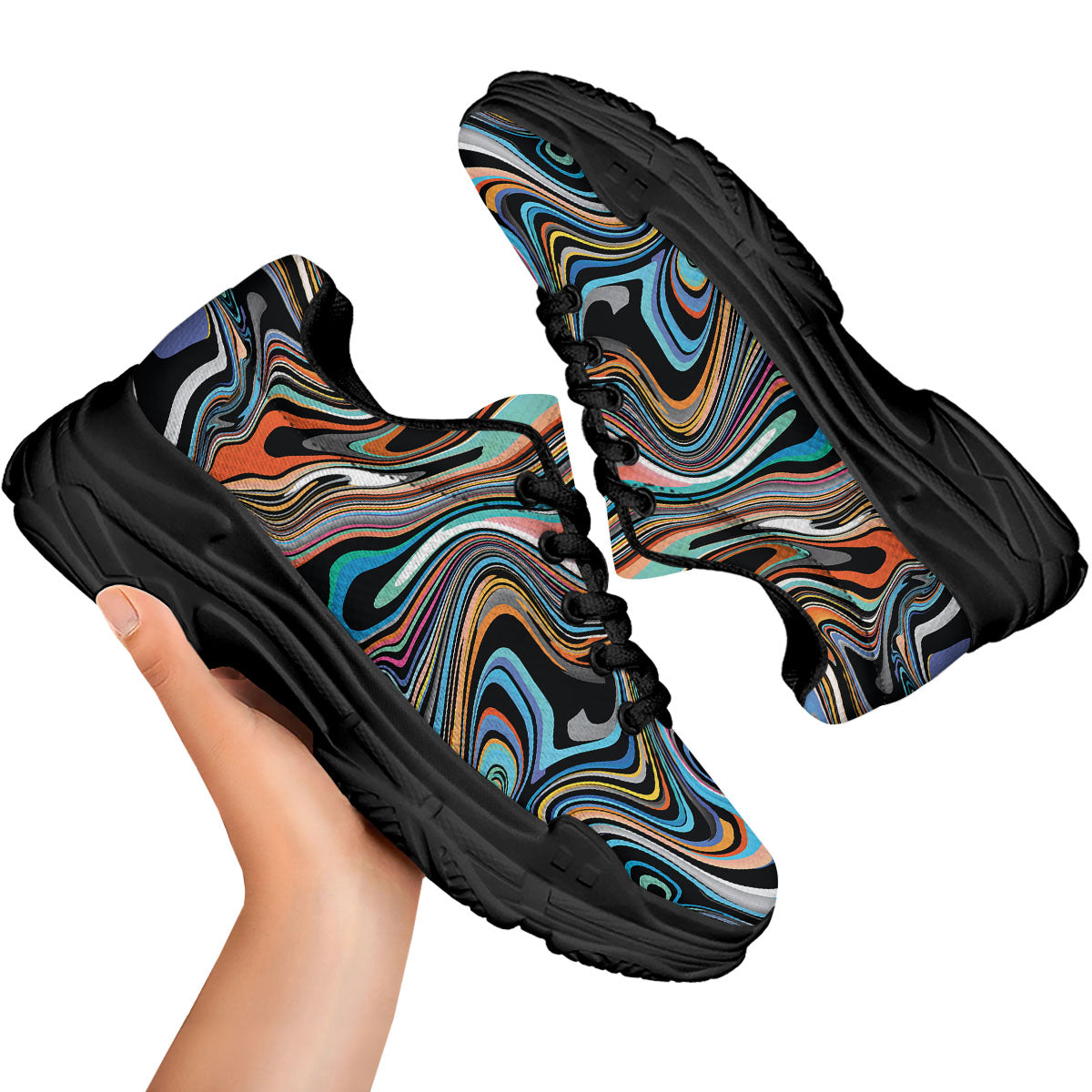 Wavy Psychedelic Print Pattern Black Chunky Shoes-grizzshop