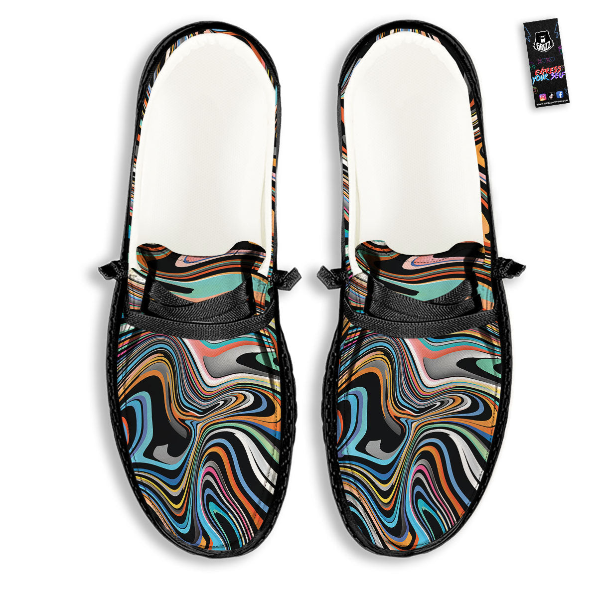 Wavy Psychedelic Print Pattern Black Loafers-grizzshop
