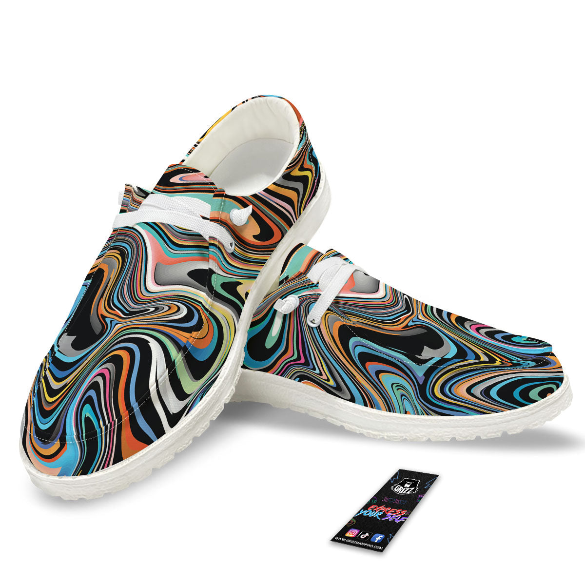 Wavy Psychedelic Print Pattern Black Loafers-grizzshop