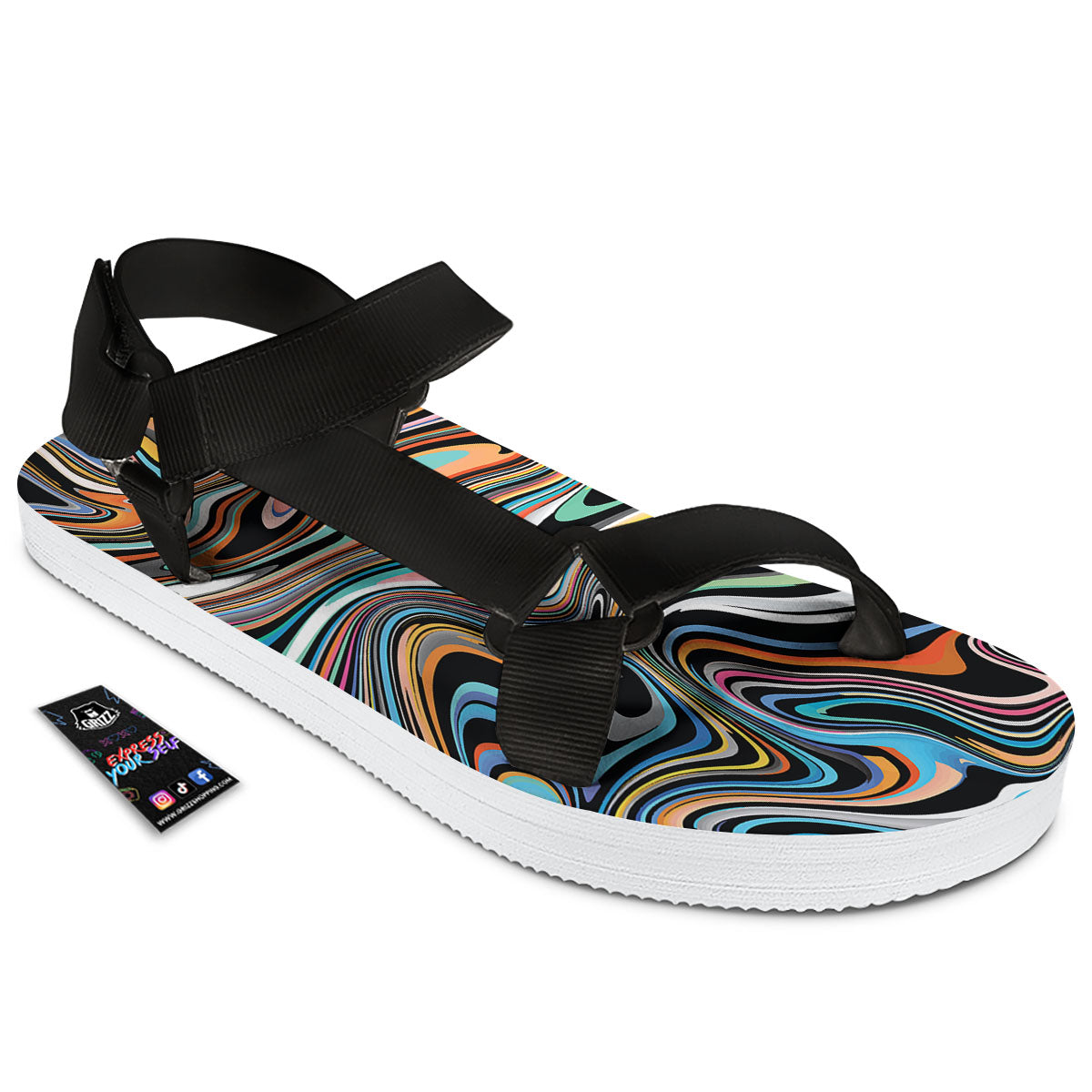 Wavy Psychedelic Print Pattern Black Open Toe Sandals-grizzshop