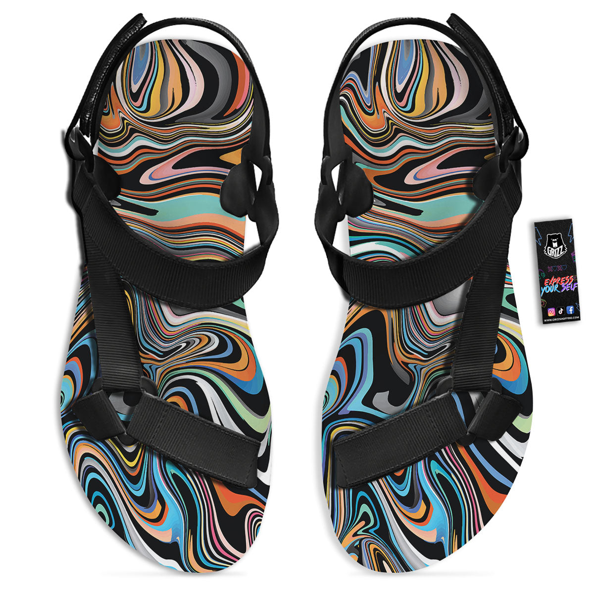 Wavy Psychedelic Print Pattern Black Open Toe Sandals-grizzshop