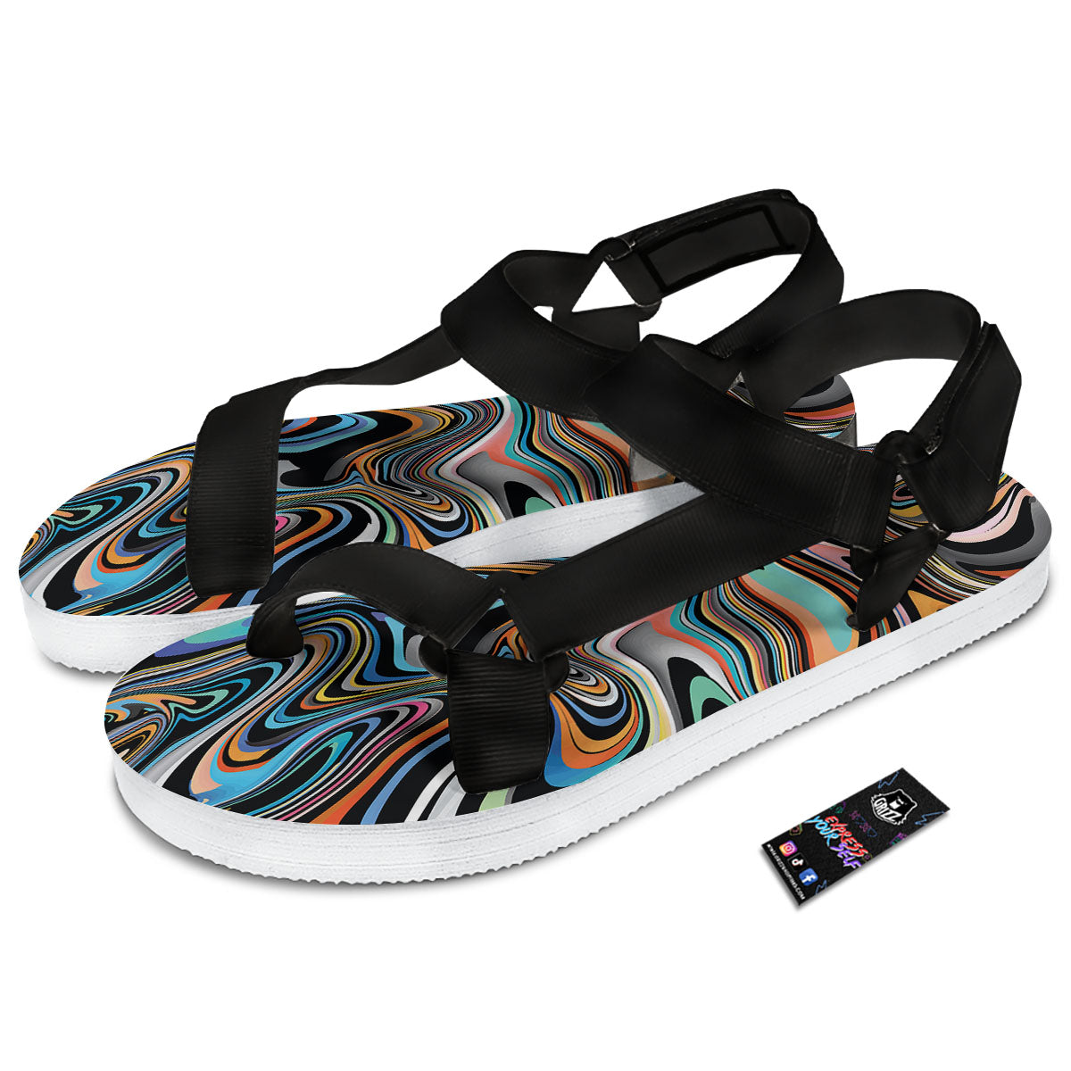 Wavy Psychedelic Print Pattern Black Open Toe Sandals-grizzshop