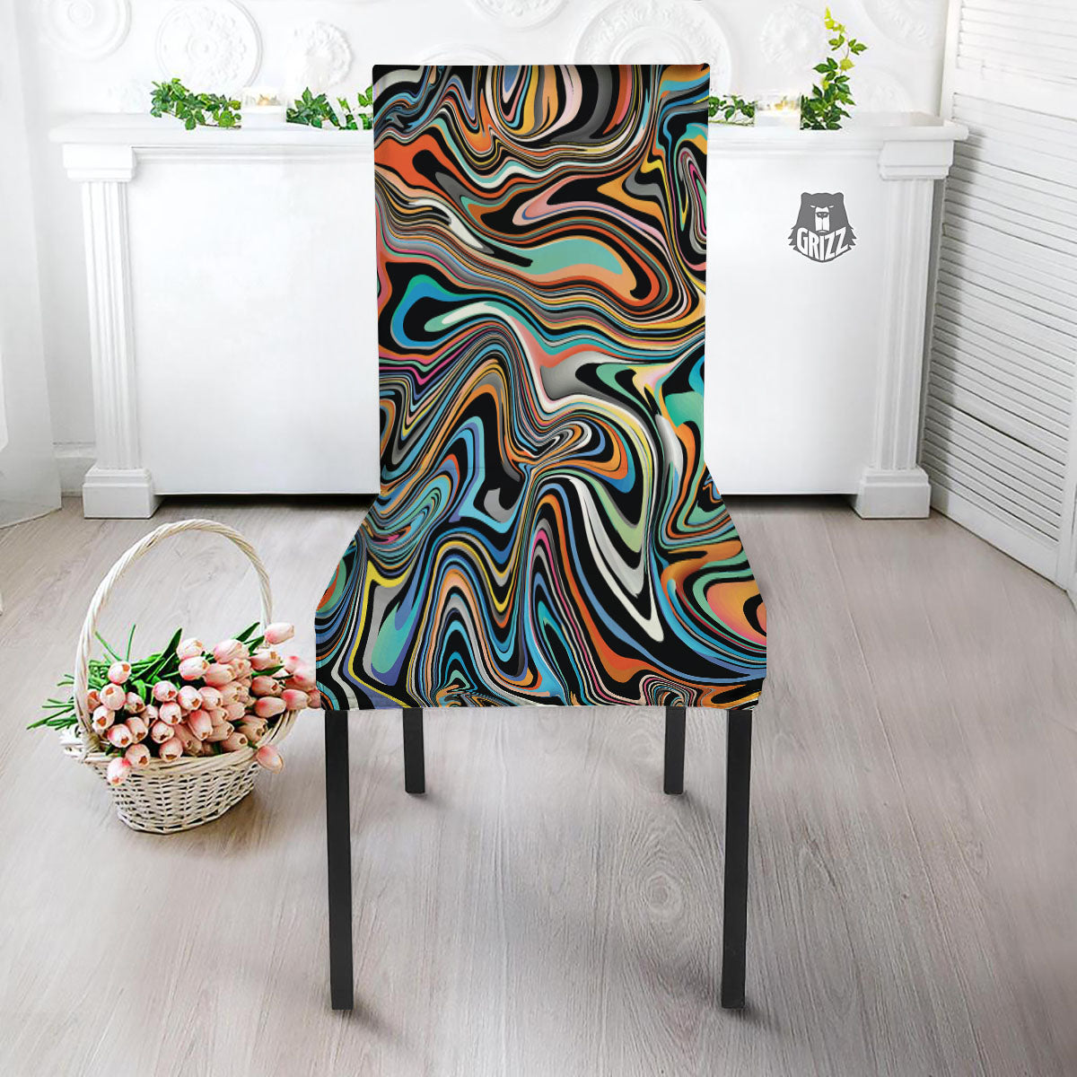 Wavy Psychedelic Print Pattern Dining Chair Slipcover-grizzshop