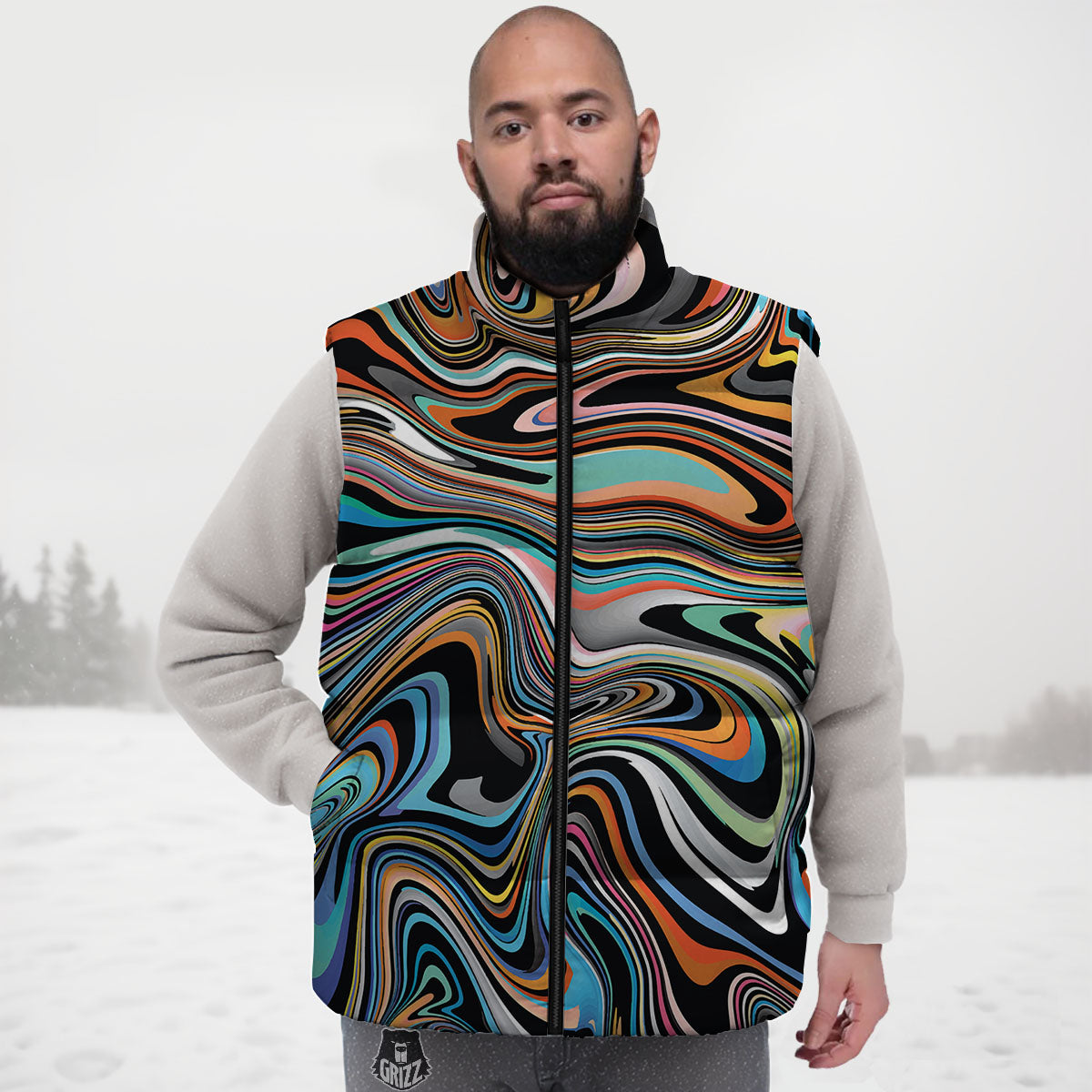 Wavy Psychedelic Print Pattern Down Vest