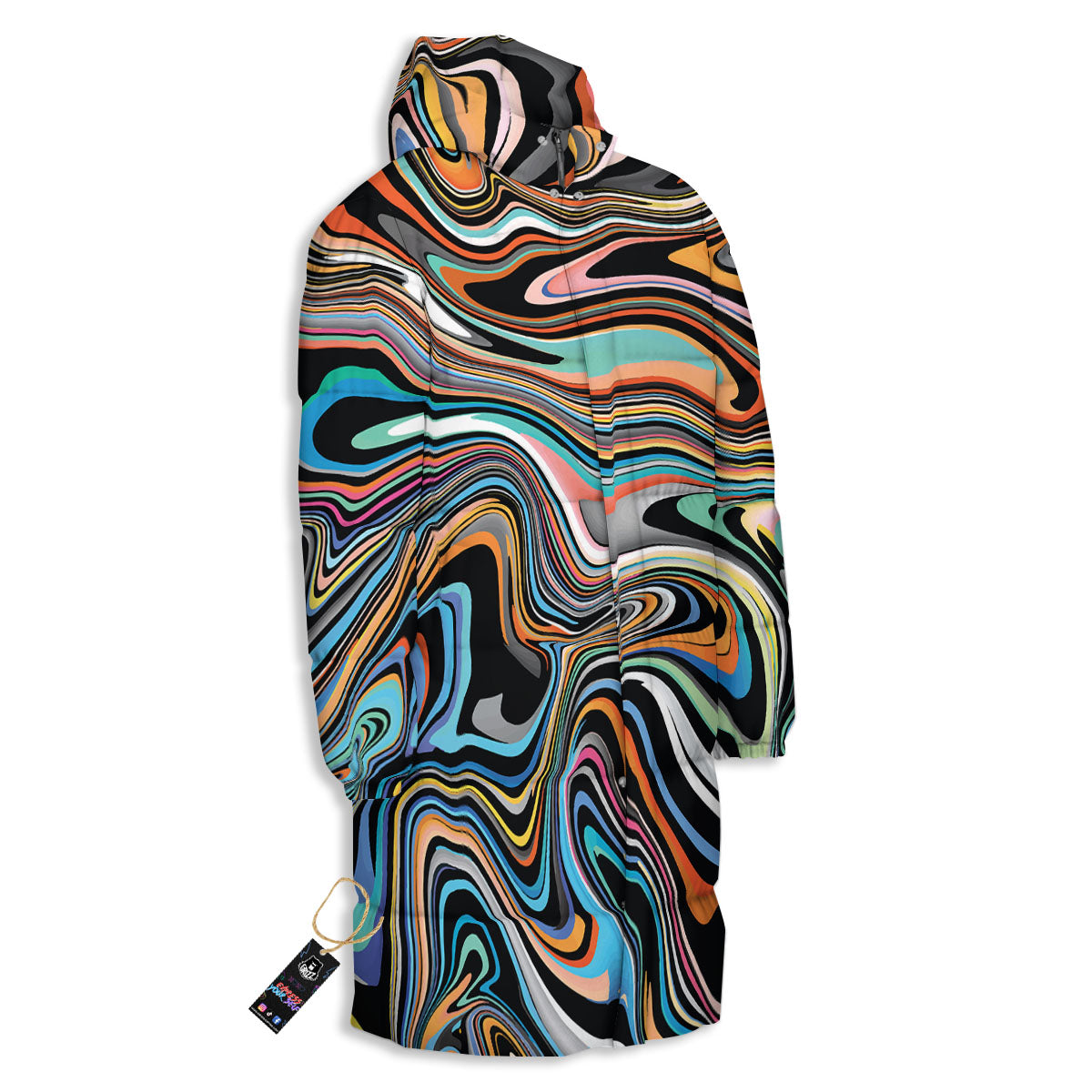Wavy Psychedelic Print Pattern Long Down Jacket-grizzshop