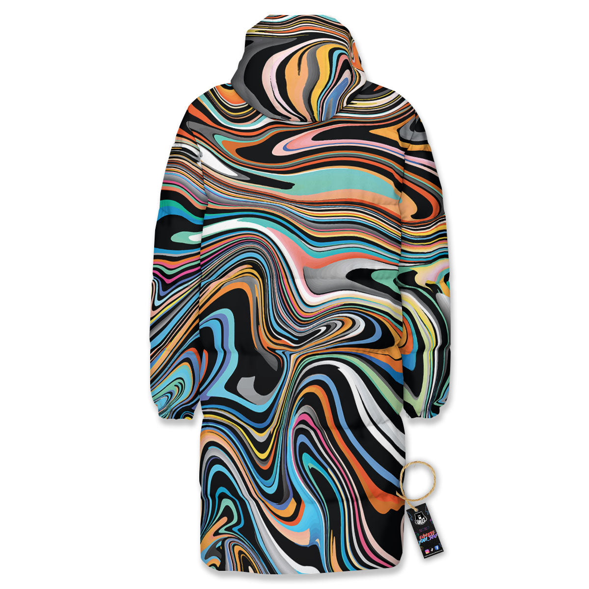 Wavy Psychedelic Print Pattern Long Down Jacket-grizzshop