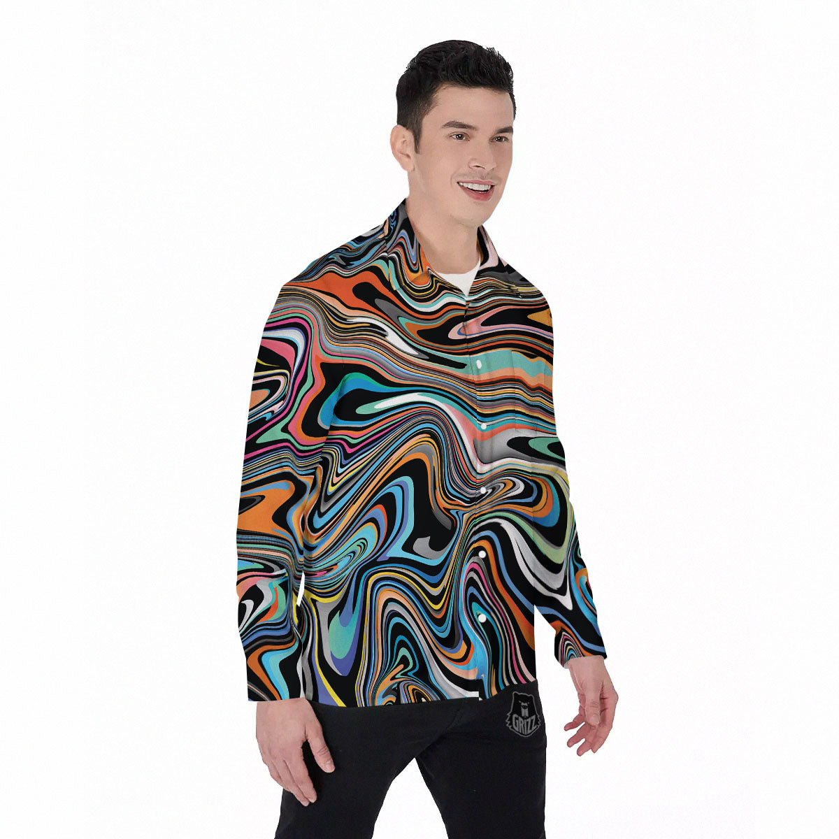 Wavy Psychedelic Print Pattern Men's Long Sleeve Shirts-grizzshop