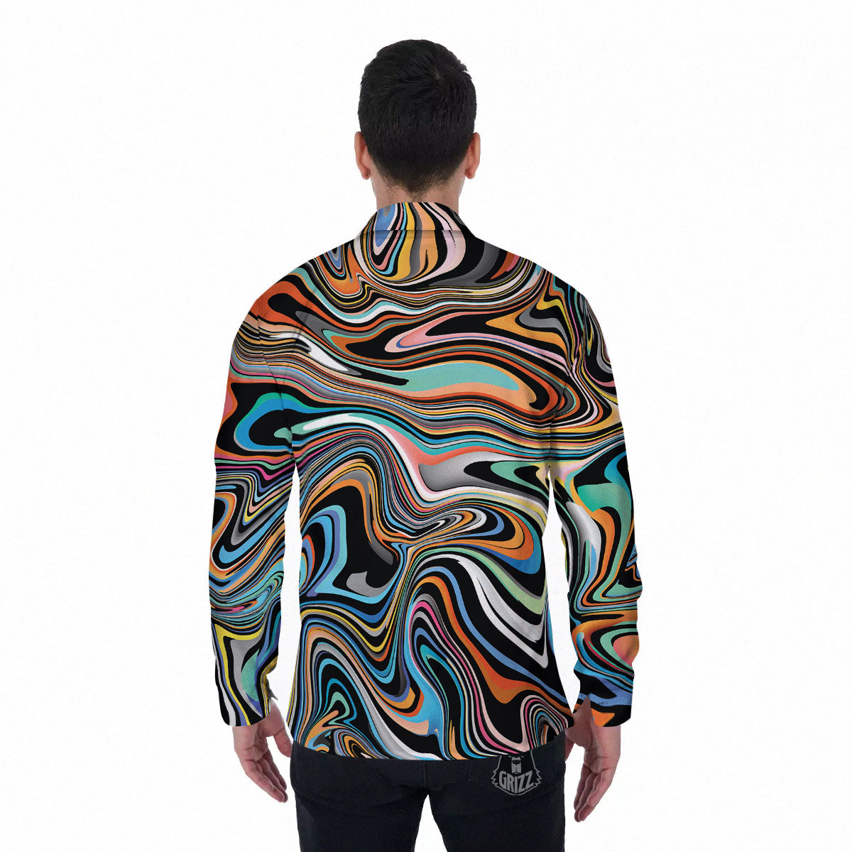 Wavy Psychedelic Print Pattern Men's Long Sleeve Shirts-grizzshop