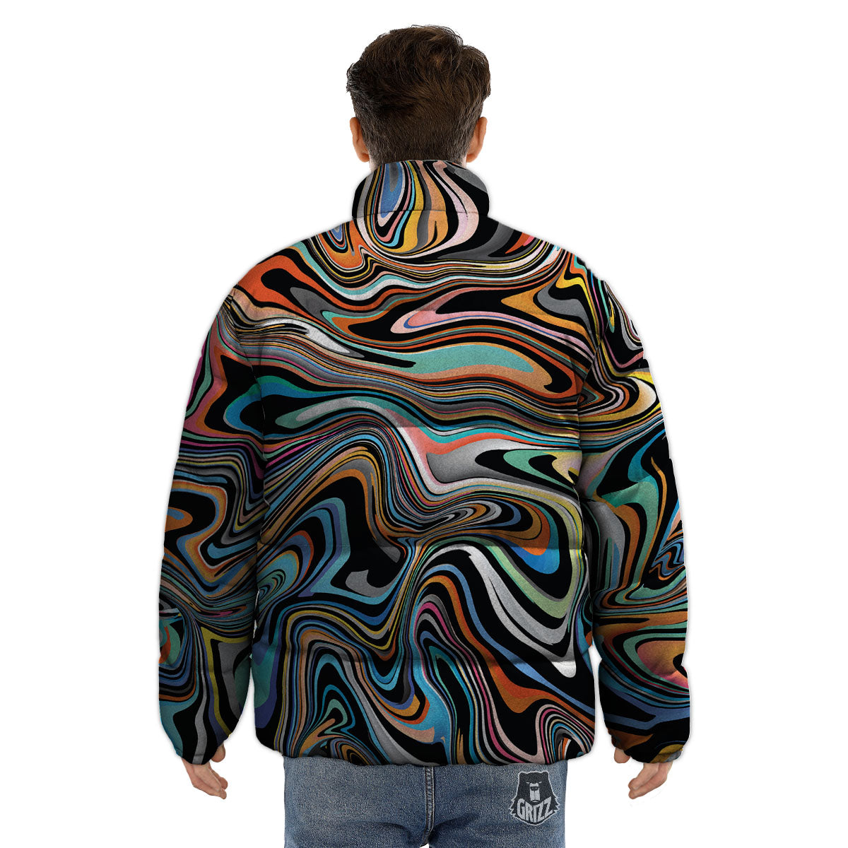 Wavy Psychedelic Print Pattern Puffer Jacket-grizzshop