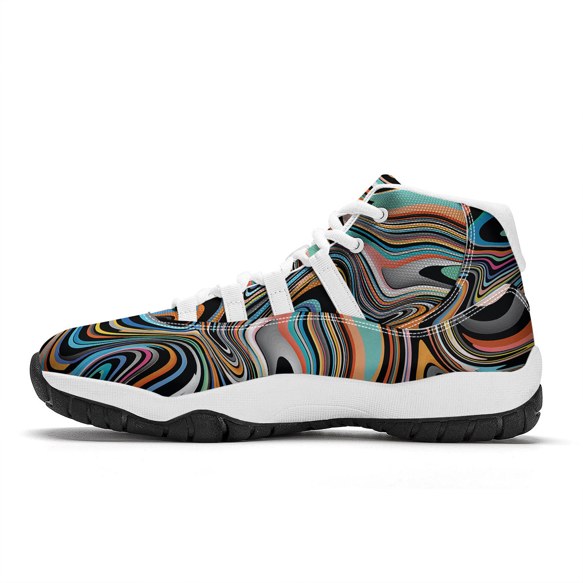 Wavy Psychedelic Print Pattern White Bball Shoes-grizzshop