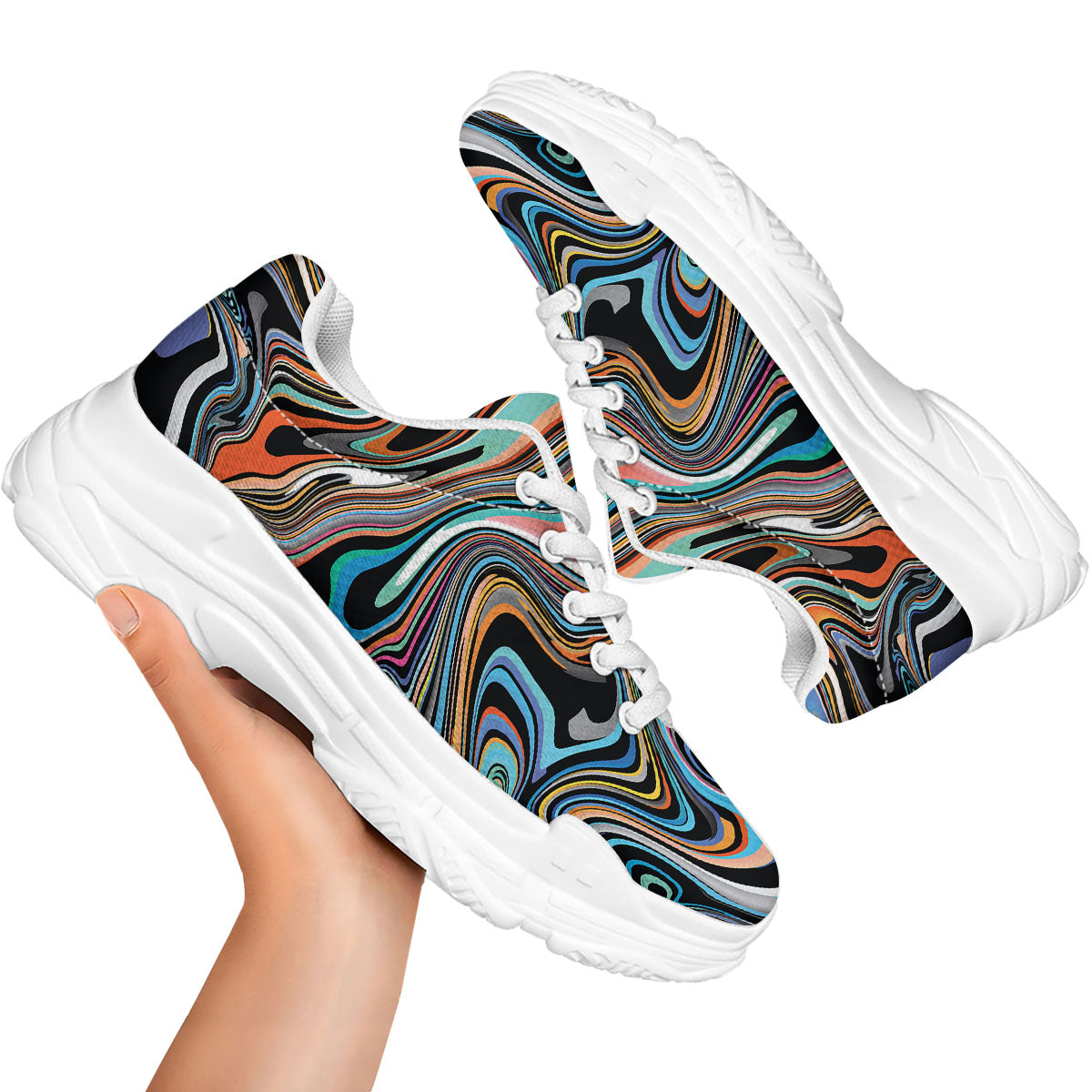 Wavy Psychedelic Print Pattern White Chunky Shoes-grizzshop
