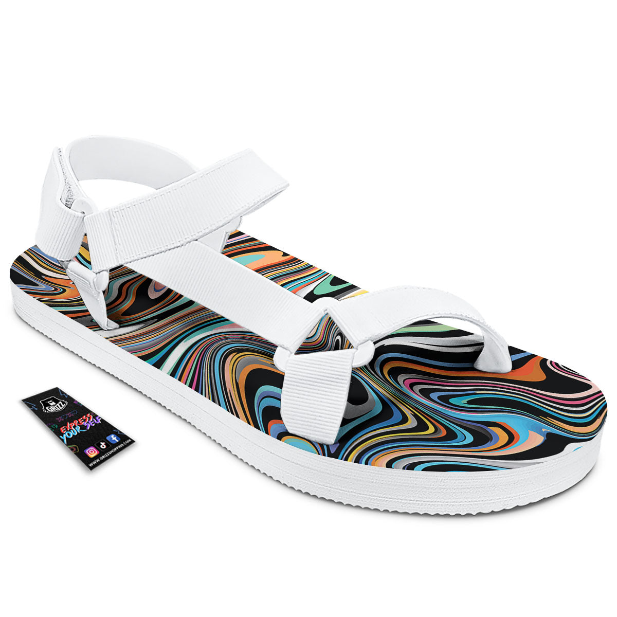 Wavy Psychedelic Print Pattern White Open Toe Sandals-grizzshop
