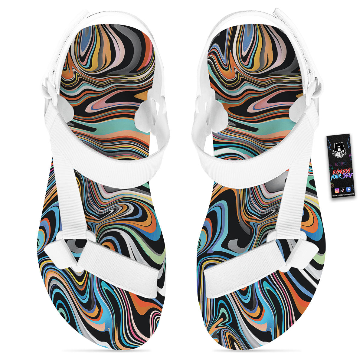Wavy Psychedelic Print Pattern White Open Toe Sandals-grizzshop