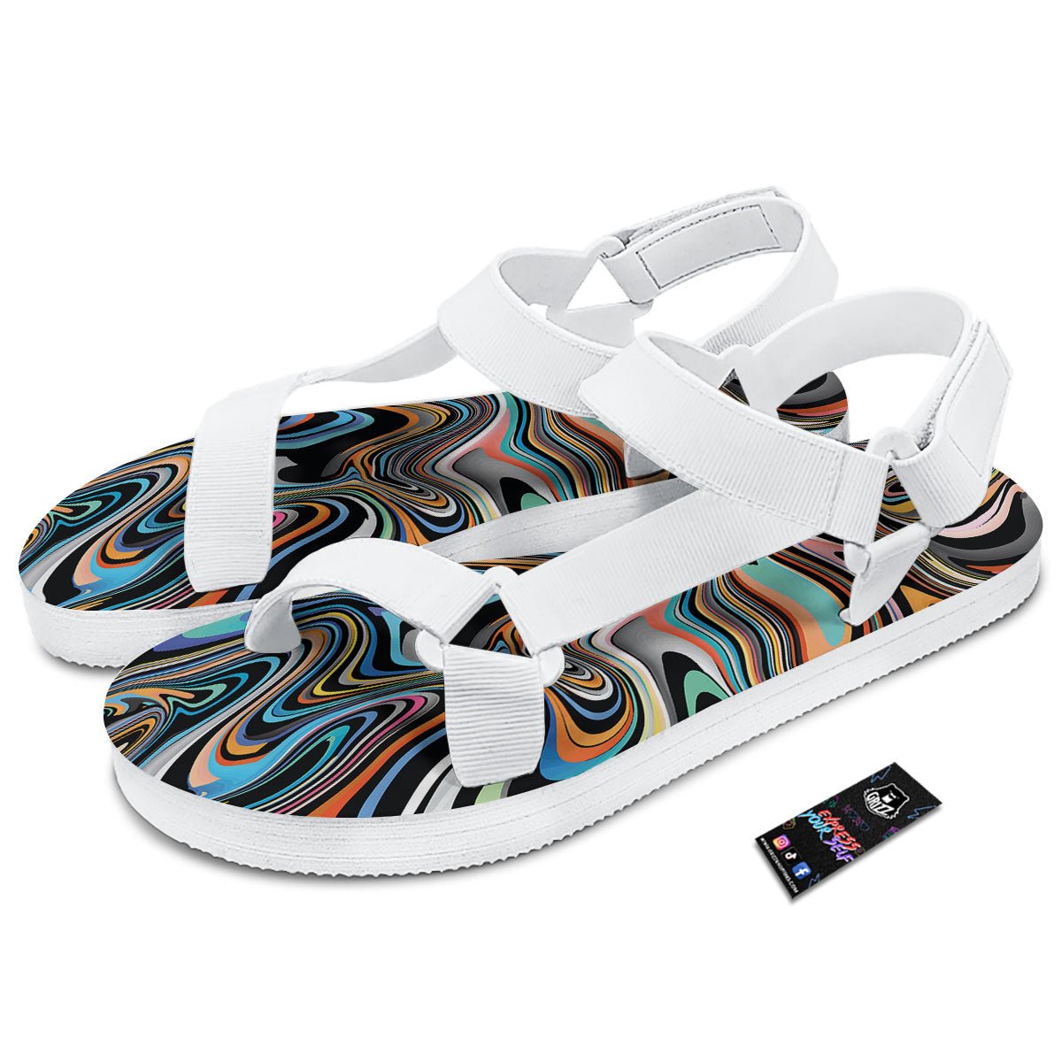 Wavy Psychedelic Print Pattern White Open Toe Sandals-grizzshop
