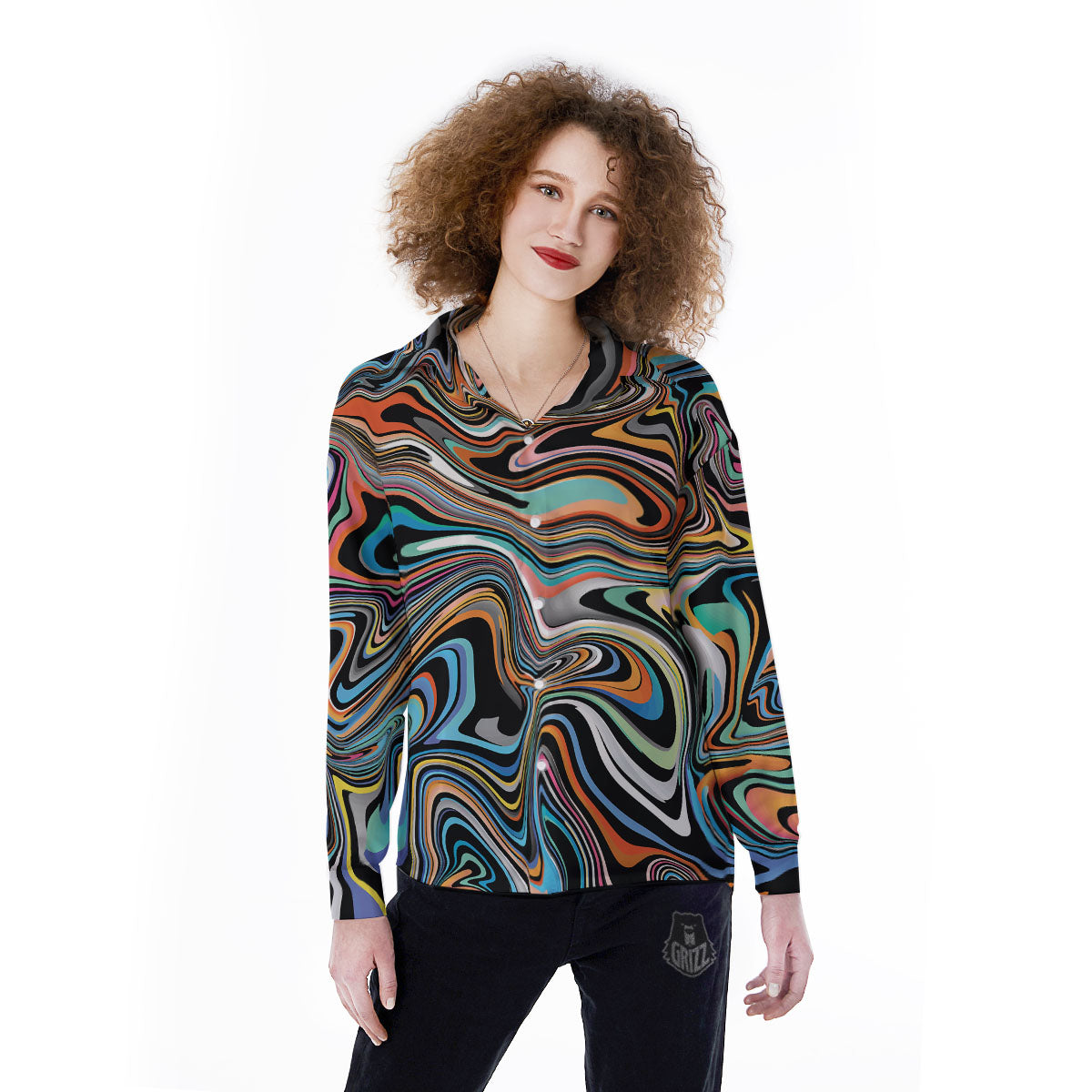 Wavy Psychedelic Print Pattern Women's Long Sleeve Shirts-grizzshop