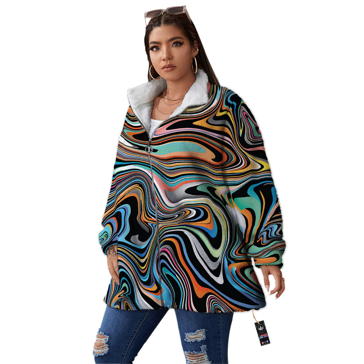 Wavy Psychedelic Print Pattern Women's Sherpa Jacket-grizzshop