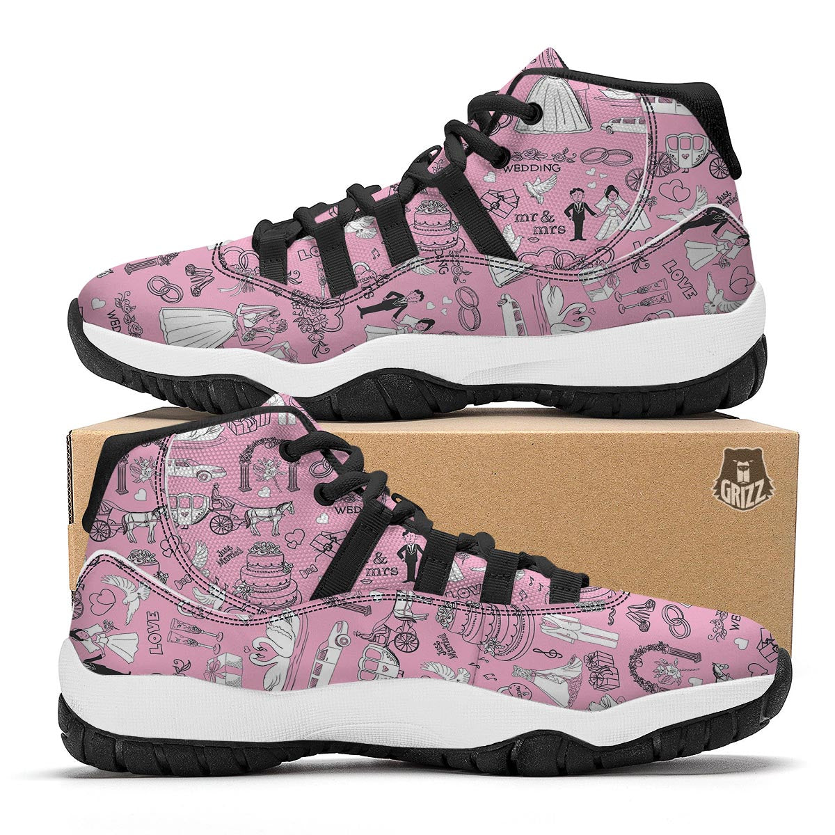 Wedding Pink Pattern Print Black Bball Shoes-grizzshop