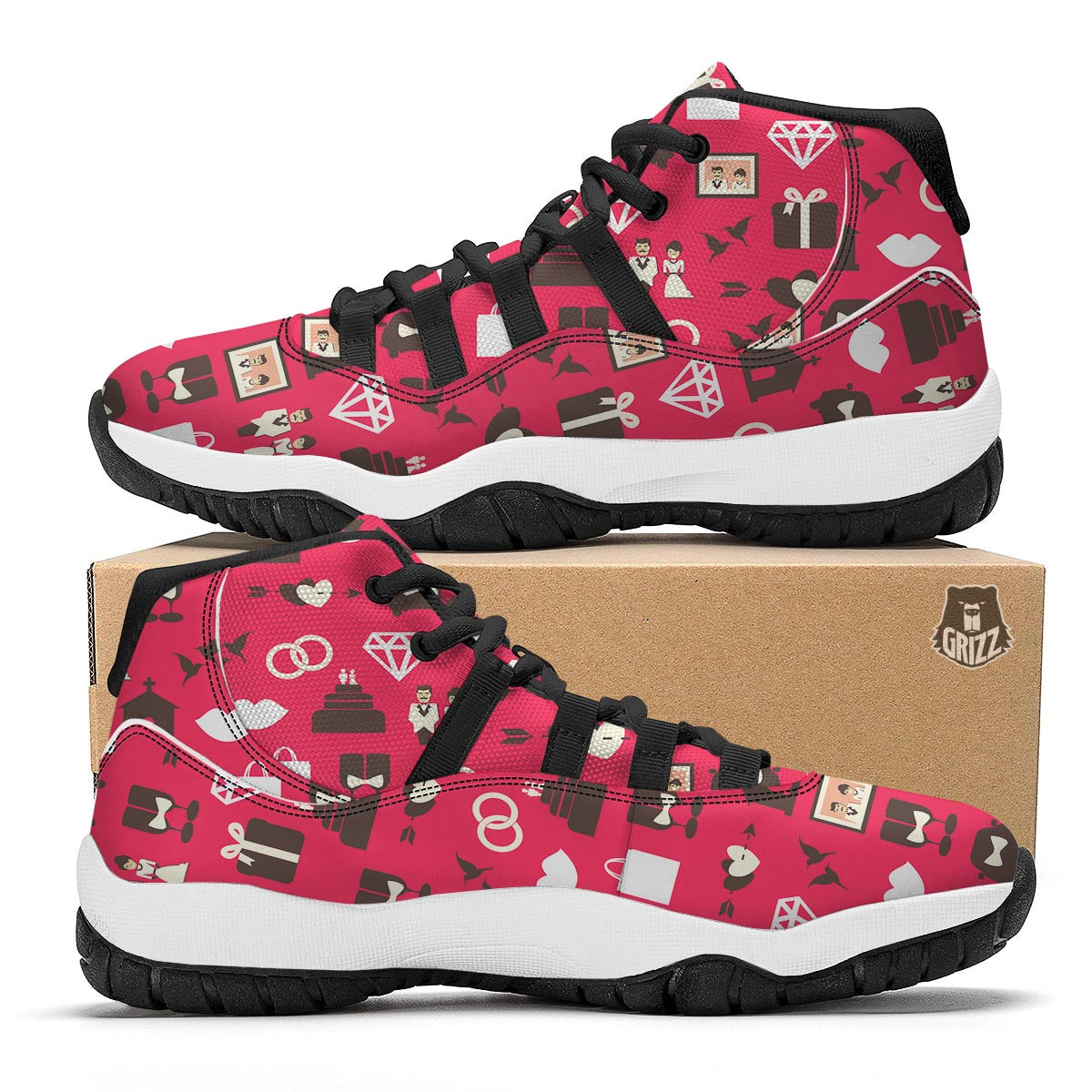 Wedding Pink Print Pattern Black Bball Shoes-grizzshop