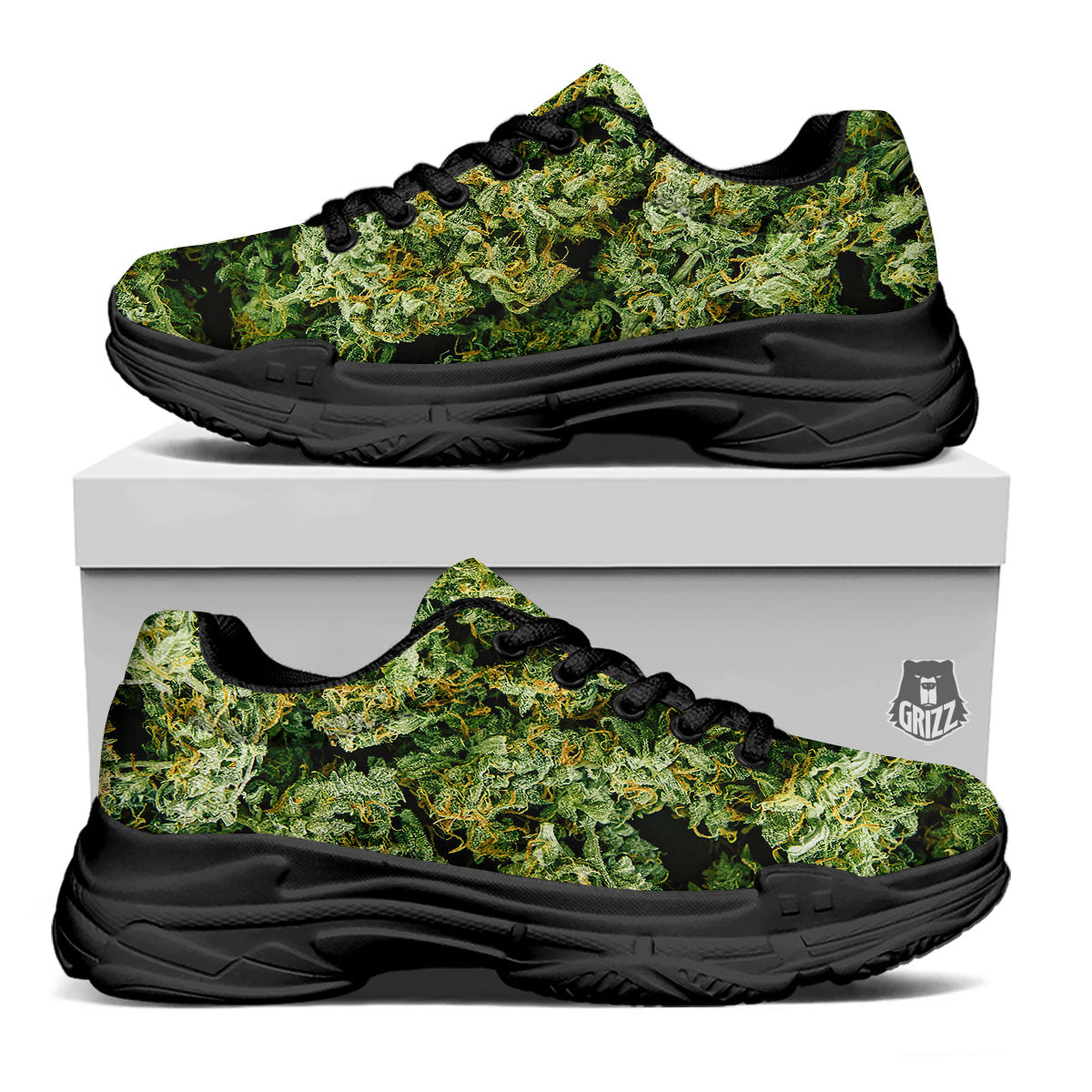 Weed Green Print Black Chunky Shoes-grizzshop