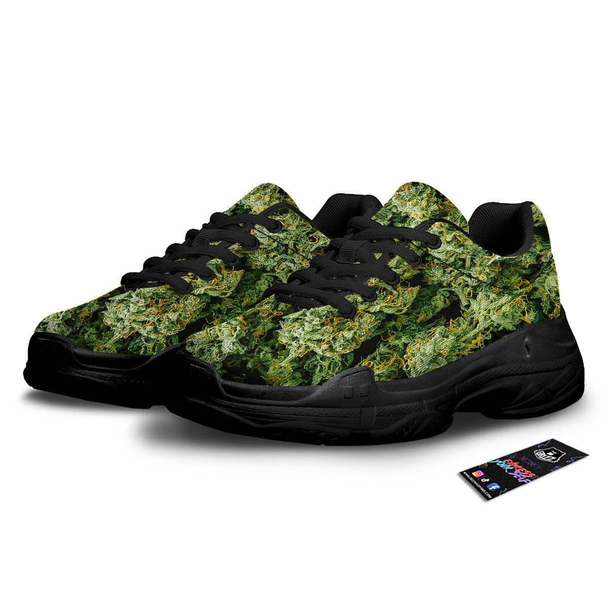 Weed Green Print Black Chunky Shoes-grizzshop