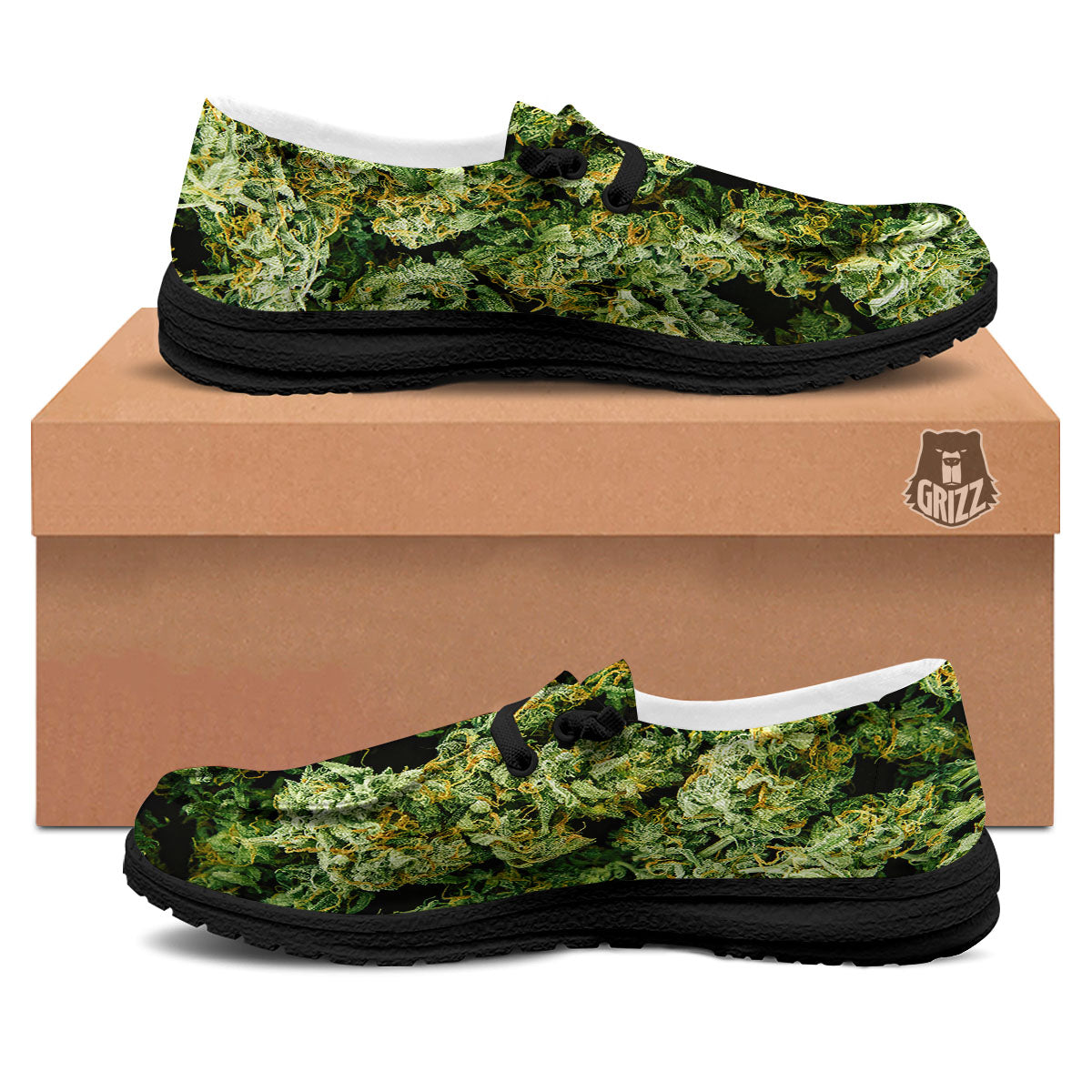 Weed Green Print Black Loafers-grizzshop