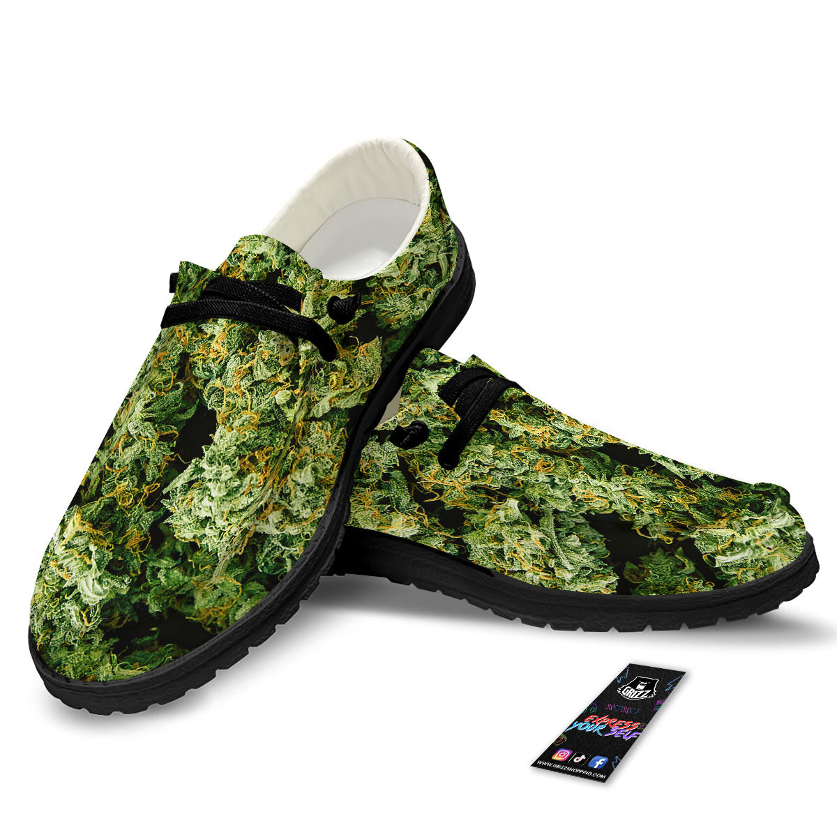 Weed Green Print Black Loafers-grizzshop