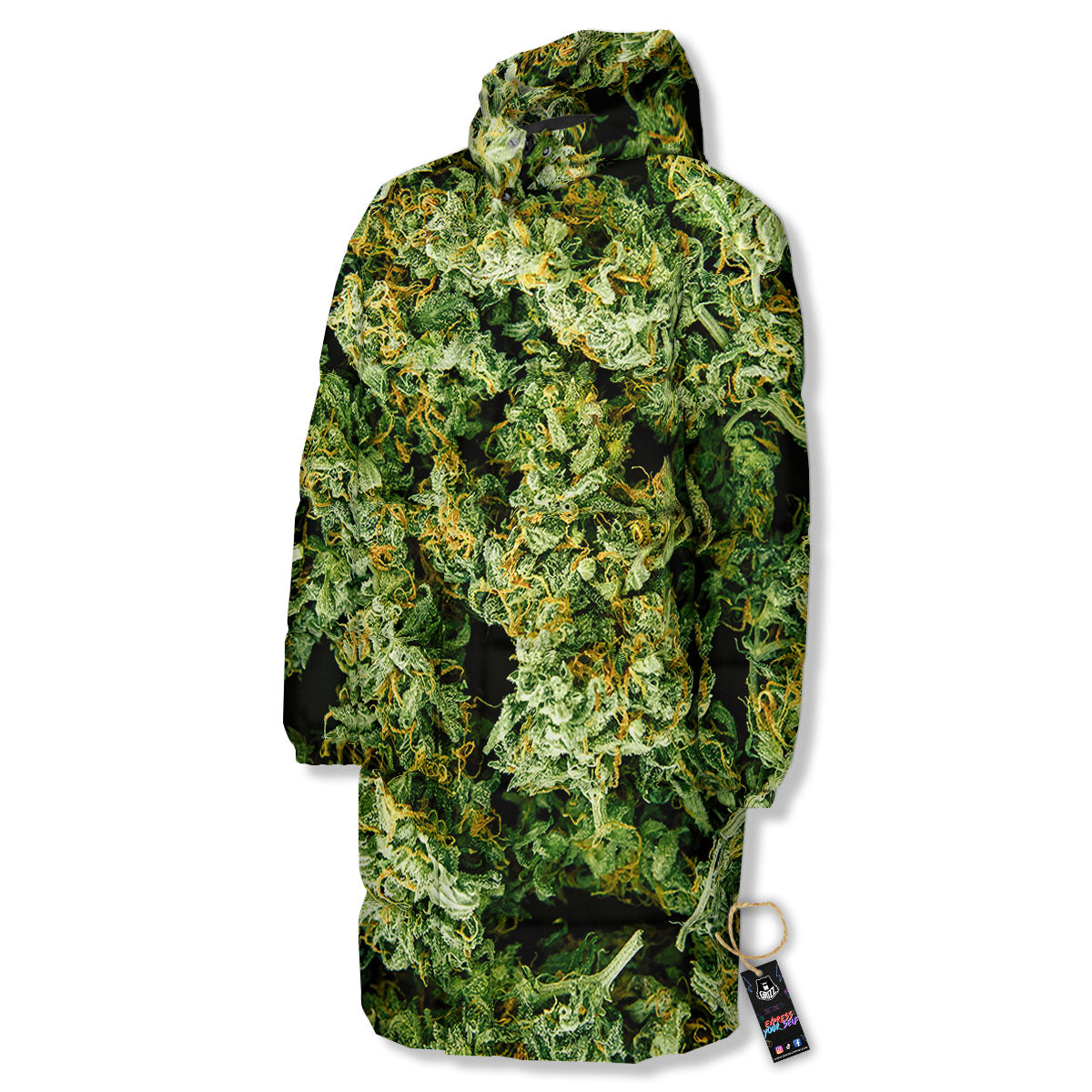 Weed Green Print Long Down Jacket-grizzshop