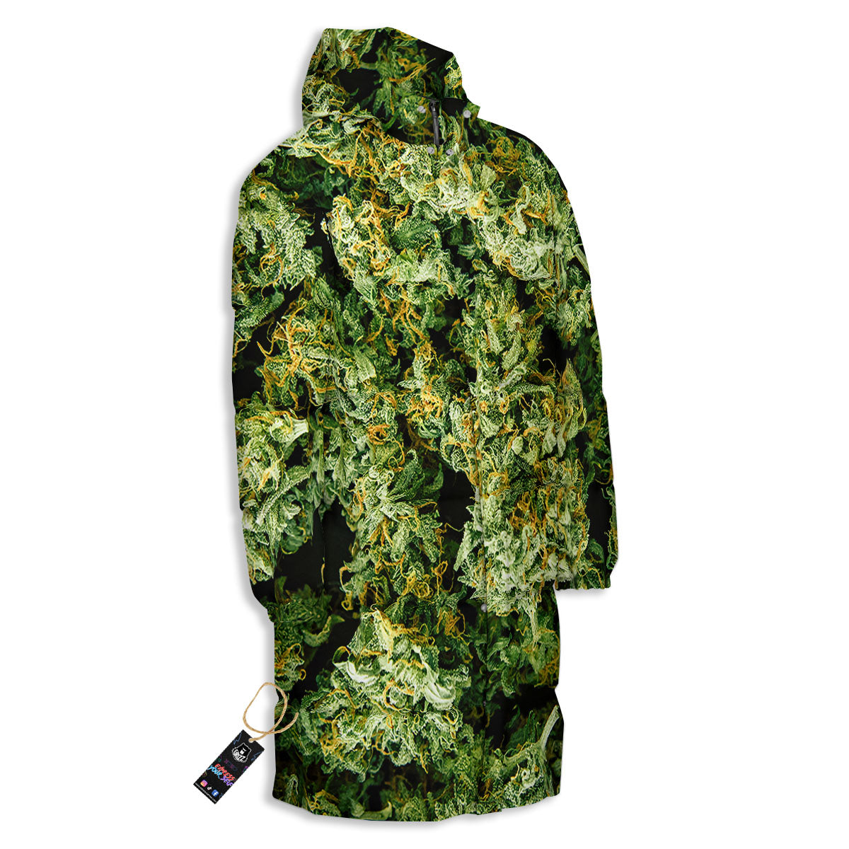 Weed Green Print Long Down Jacket-grizzshop
