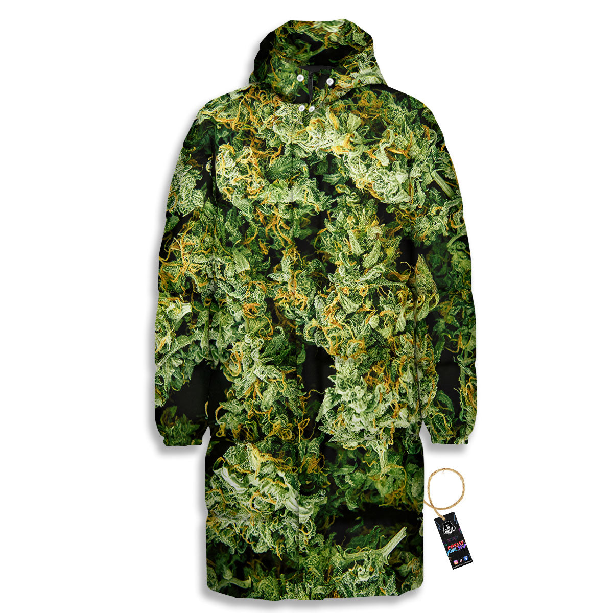 Weed Green Print Long Down Jacket-grizzshop