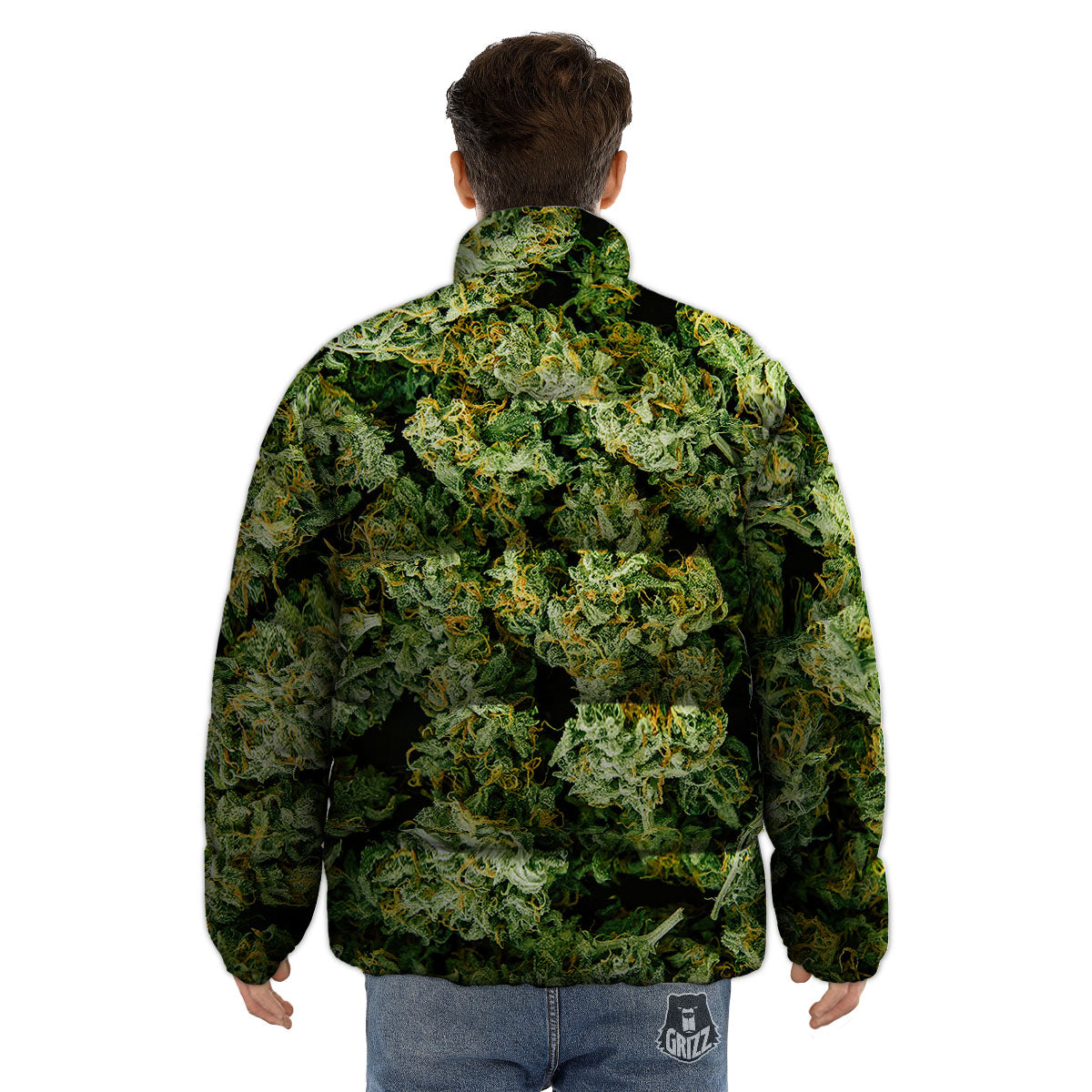 Weed Green Print Puffer Jacket-grizzshop