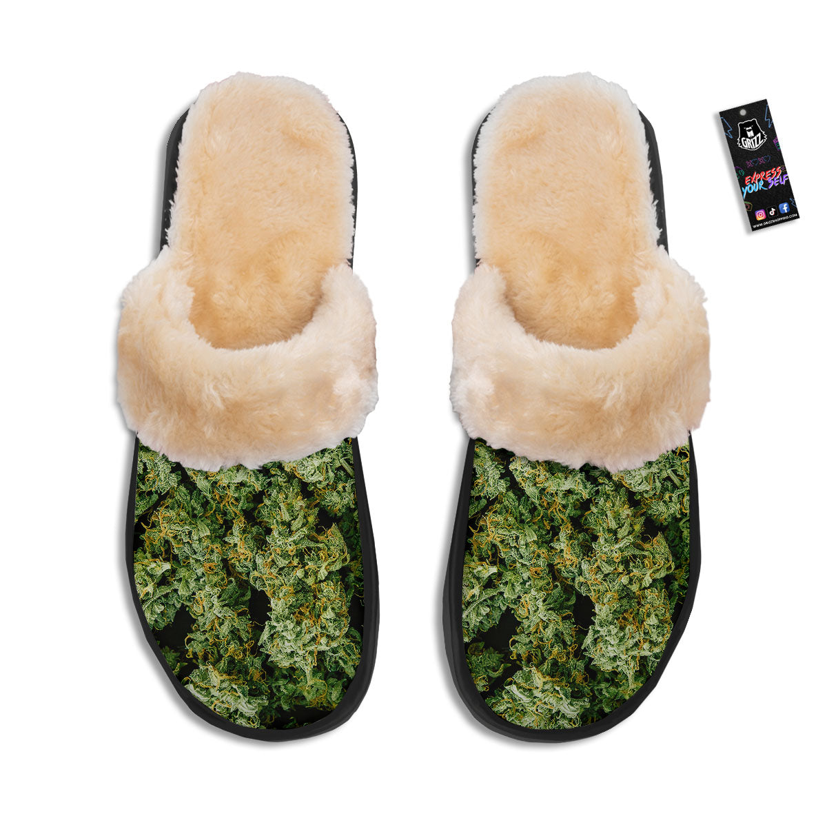 Weed Green Print Slippers-grizzshop