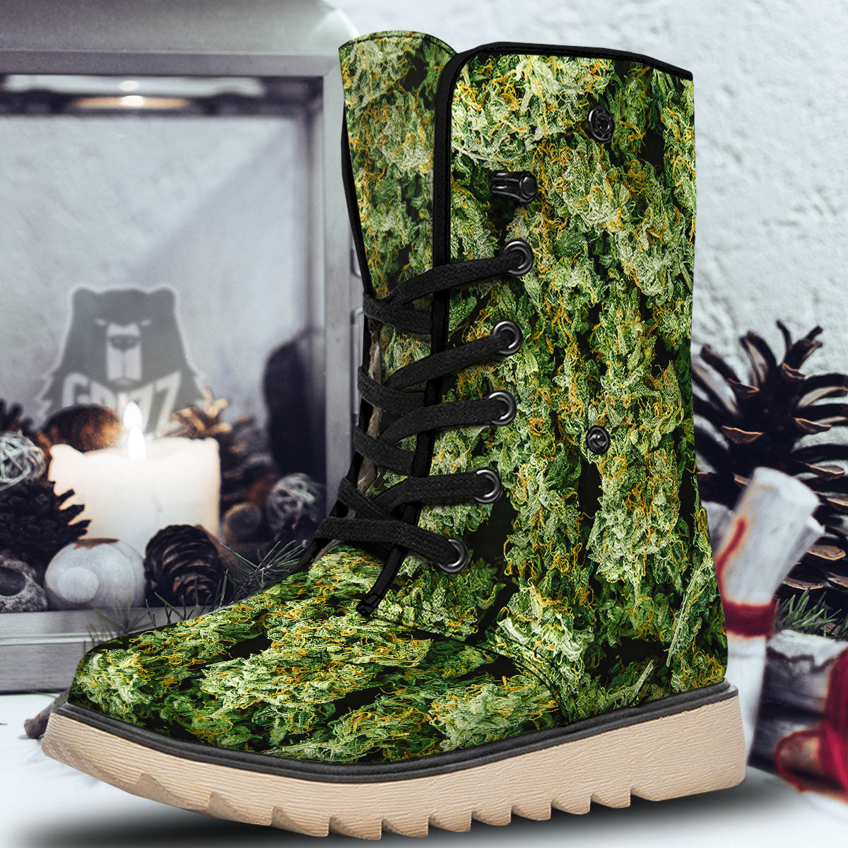 Weed Green Print Snow Boots-grizzshop